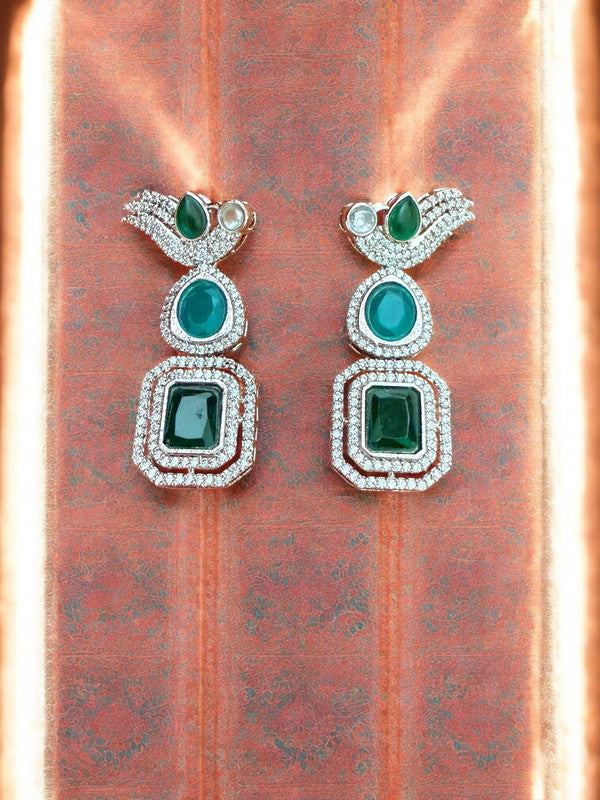 Silver Toned Cubic Zircon Earrings With Green Stones And Delicate Bird Motif Detailing