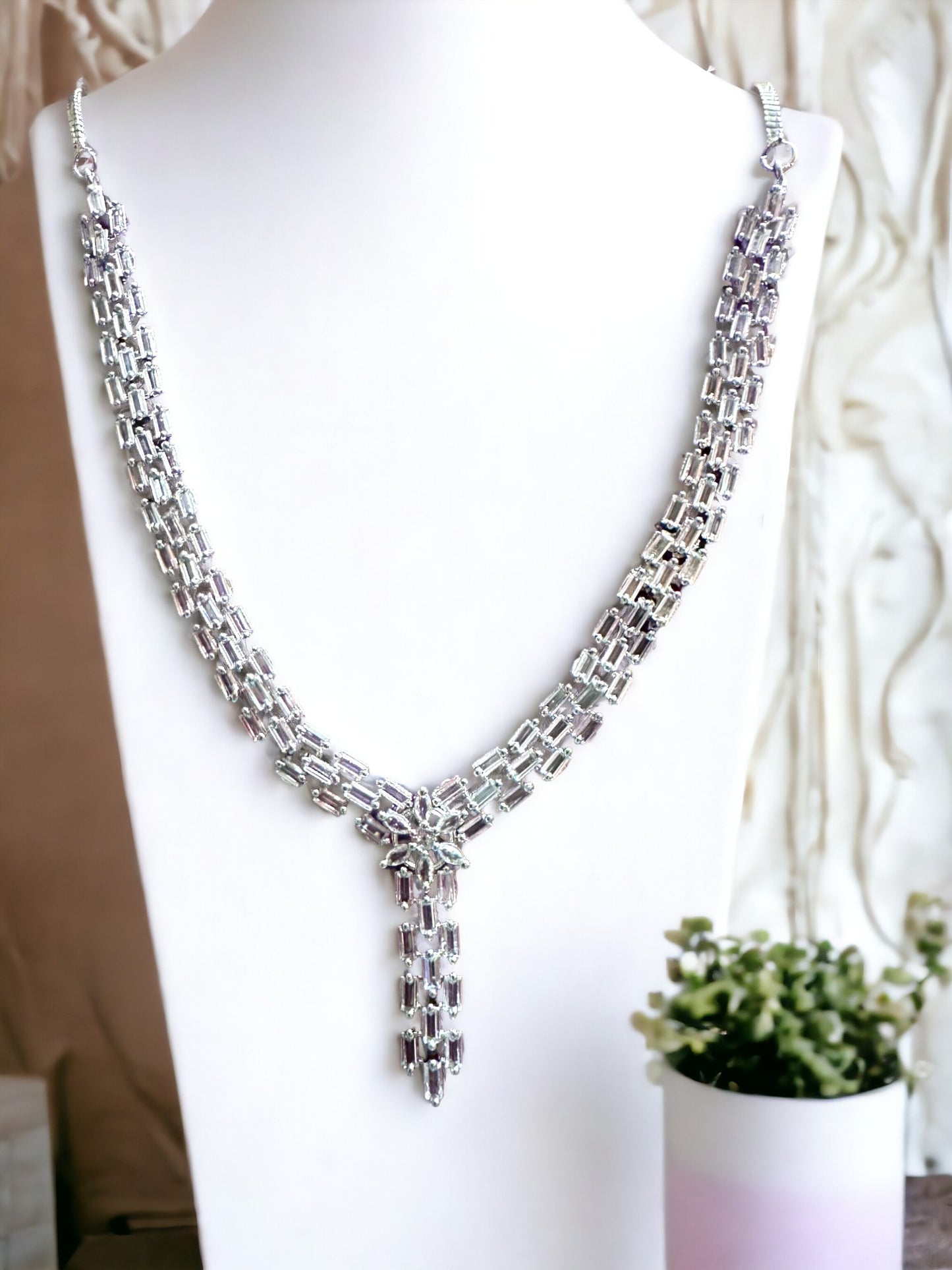 Silver Plated Stone Studded Necklace with Earring