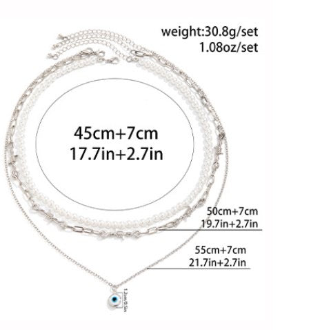 Men Silver Tone Layered Pearl and Chain Necklace with Evil Eye Charm