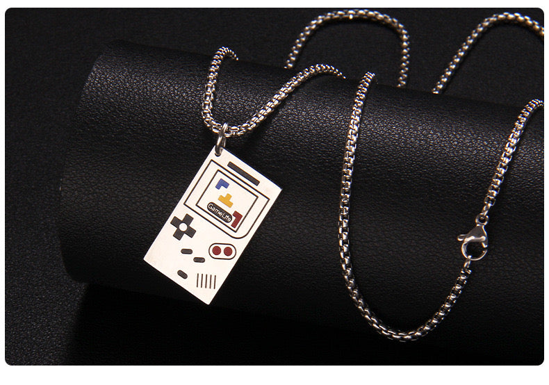 Men Silver Tone Stainless Steel Square Gaming Console Pendant Necklace