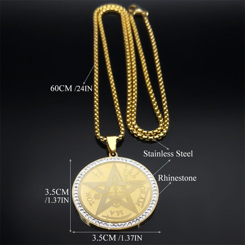 Men Gold Tone Stainless Steel Compass Pendant Necklace with Rhinestone Detail
