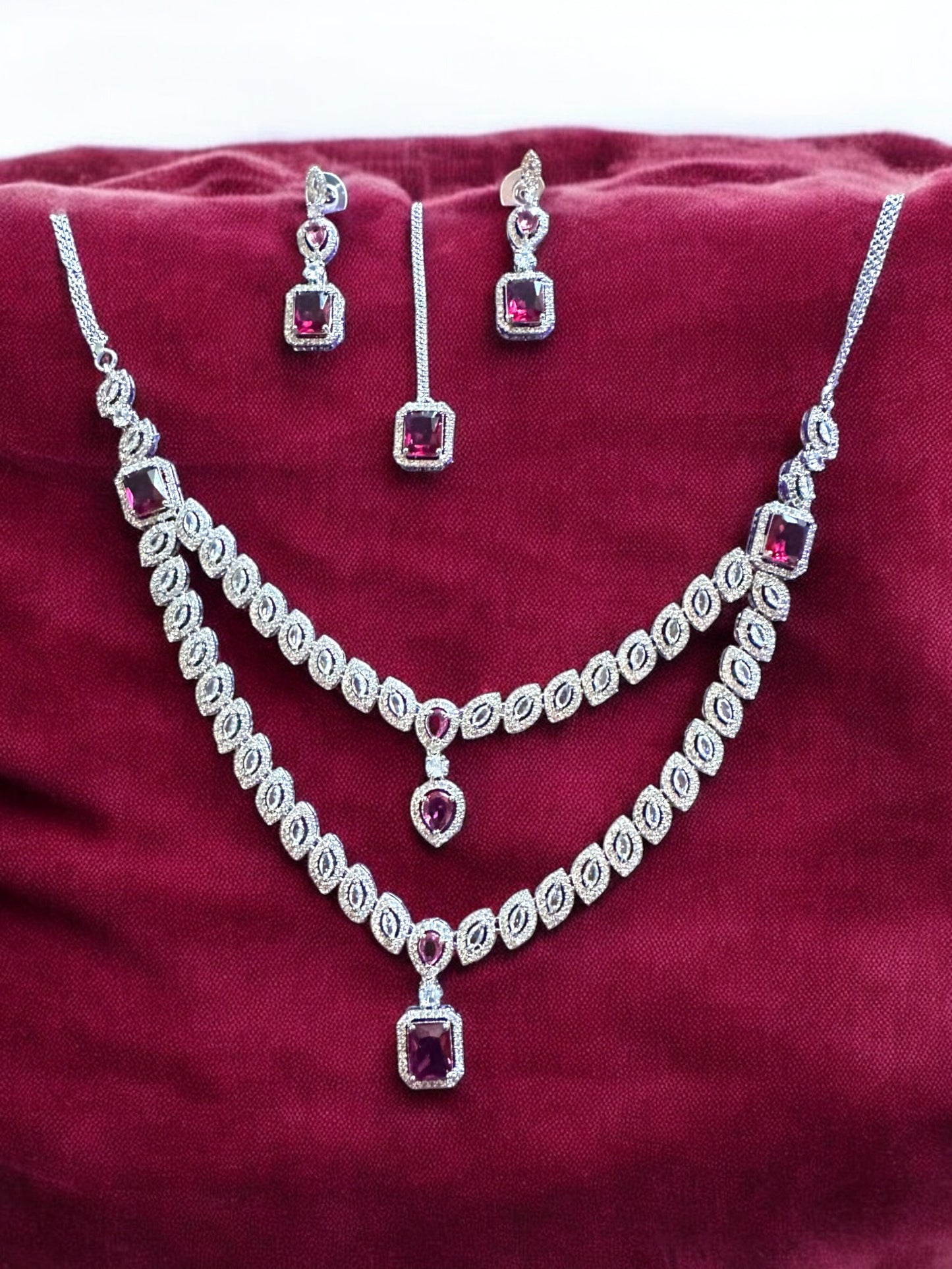 Ruby Red Layered Premium Stone Studded Necklace Set