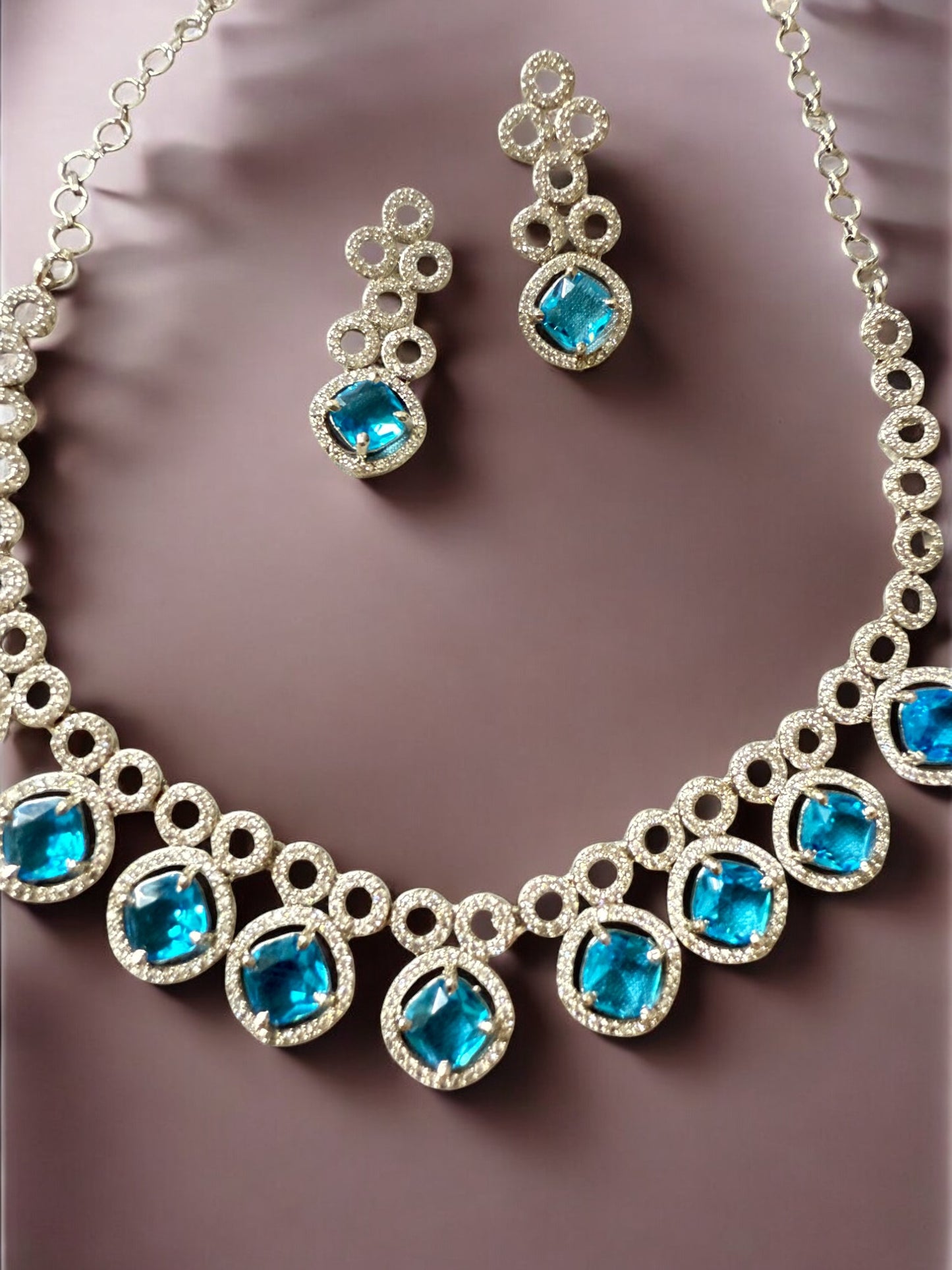 Blue Stone-Studded Necklace Set with Matching Earrings