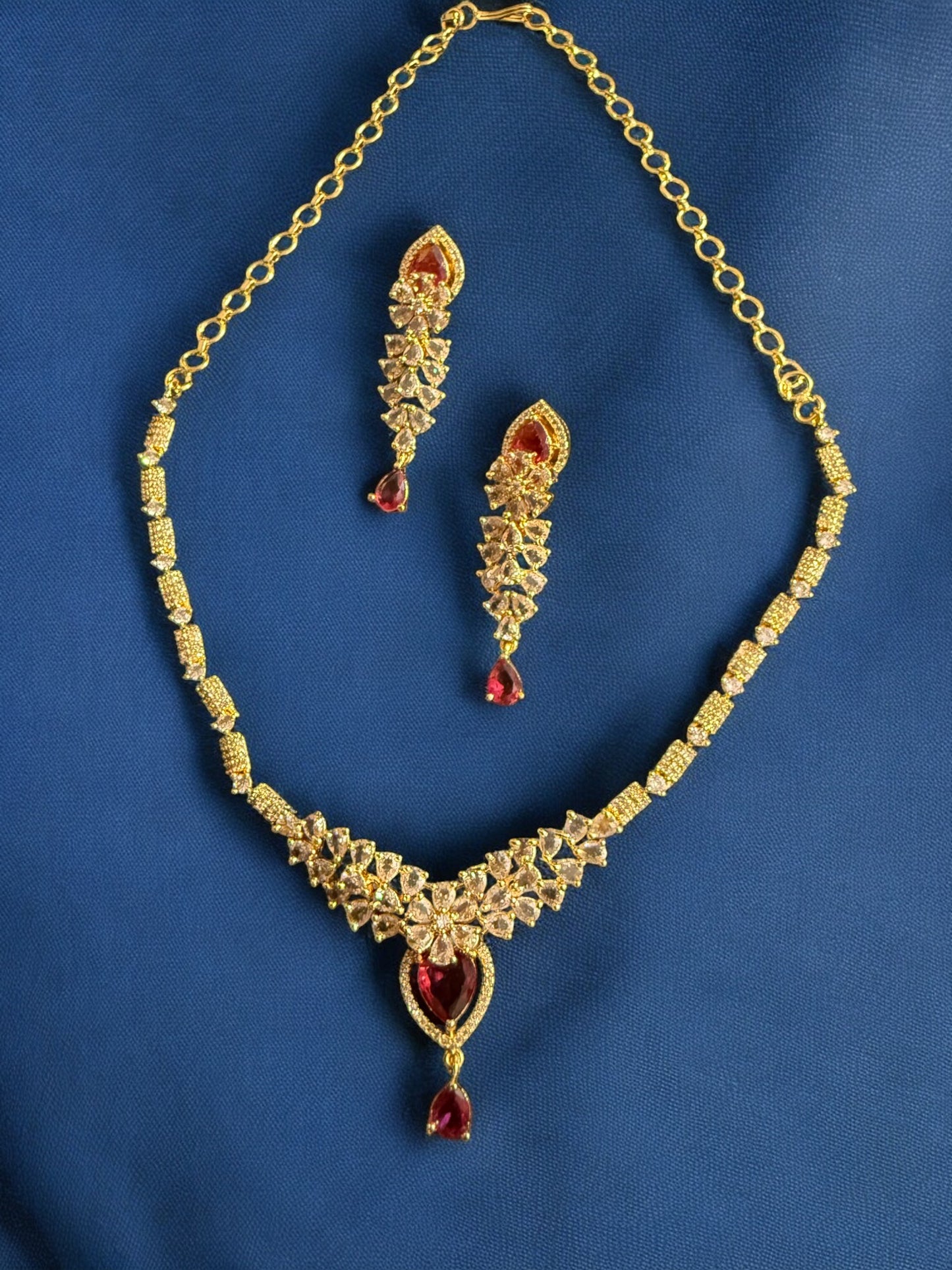 Gold Plated Stone-Studded Necklace Set with Matching Earrings