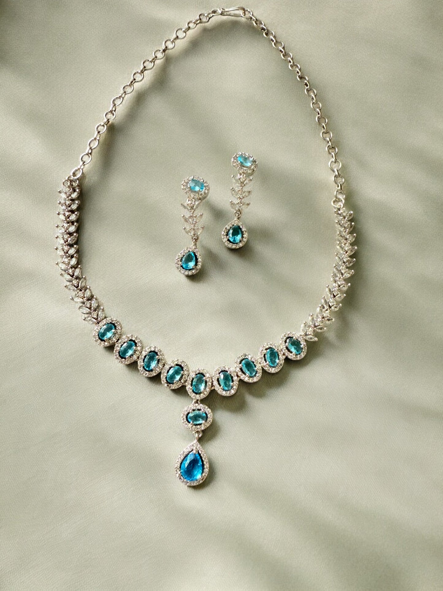 Ocean Blue Rhodium Plated Cubic Zircon Necklace Set