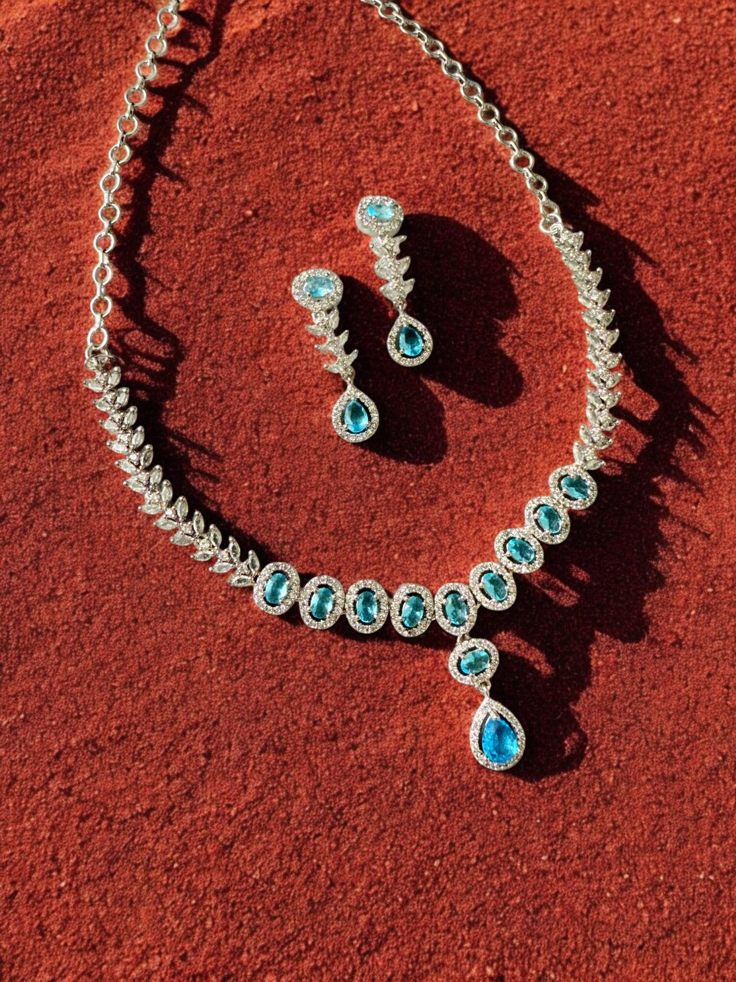 Ocean Blue Rhodium Plated Cubic Zircon Necklace Set