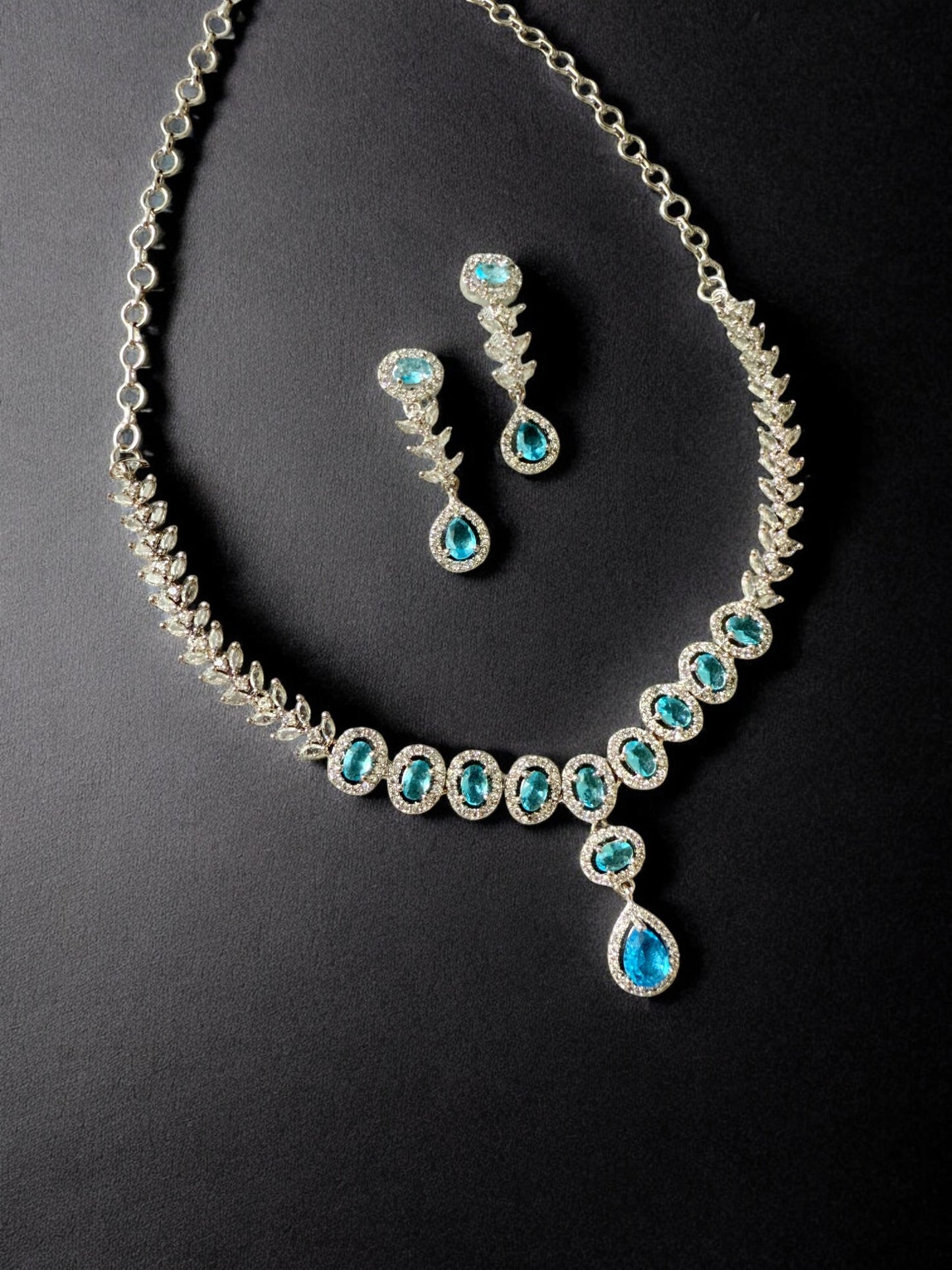 Ocean Blue Rhodium Plated Cubic Zircon Necklace Set