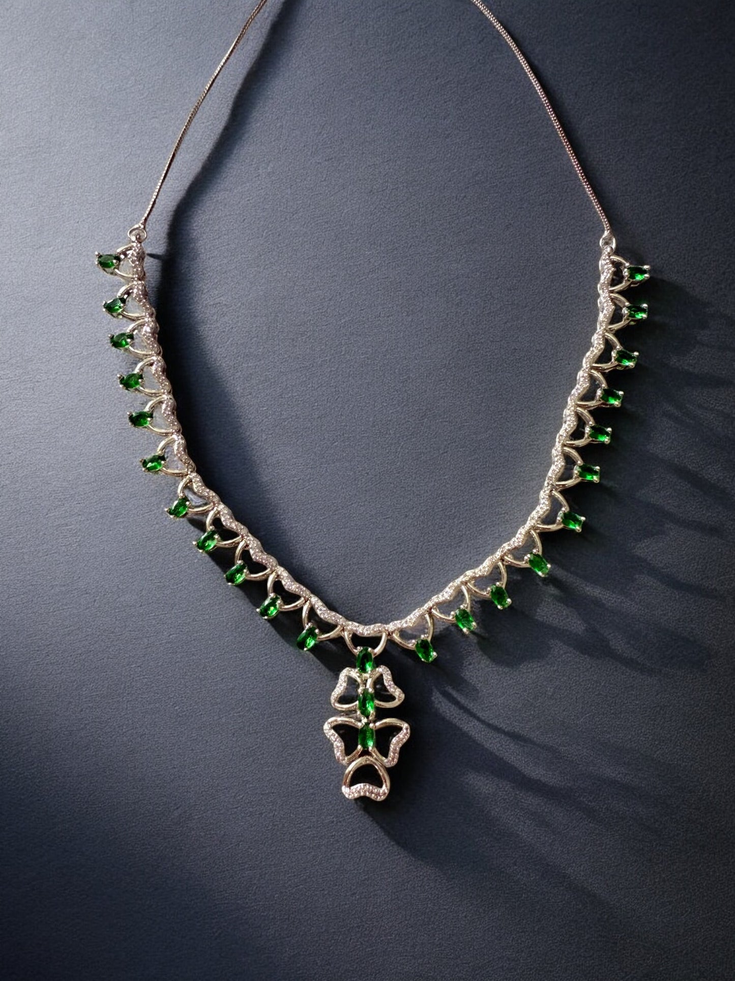 Emerald Green Rhodium Plated Cubic Zircon Necklace Set