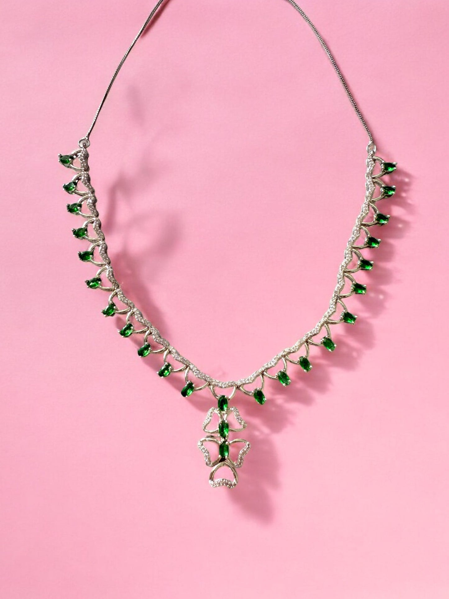 Emerald Green Rhodium Plated Cubic Zircon Necklace Set