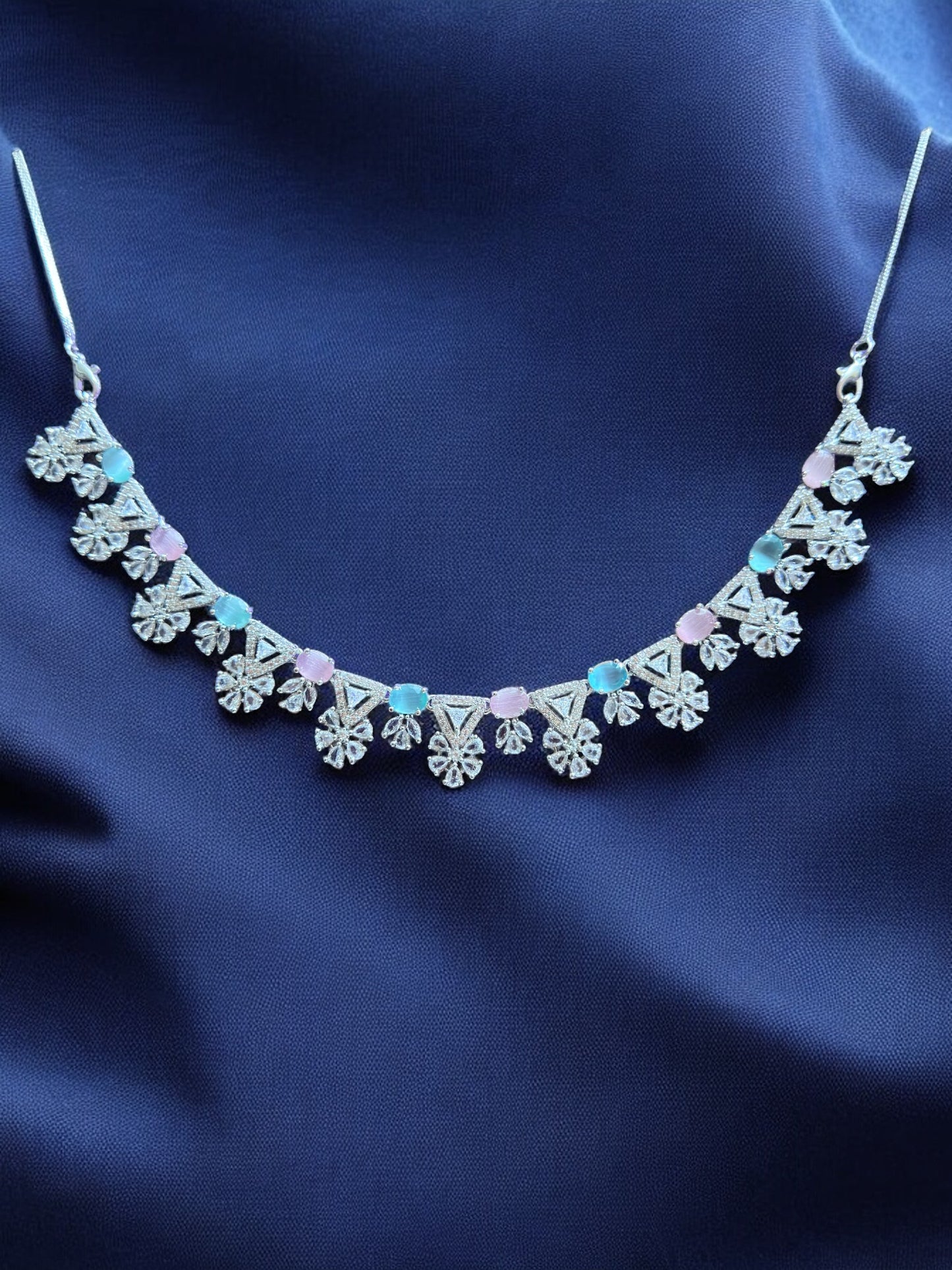 Classic Silver Multicolour Stone Studded Necklace