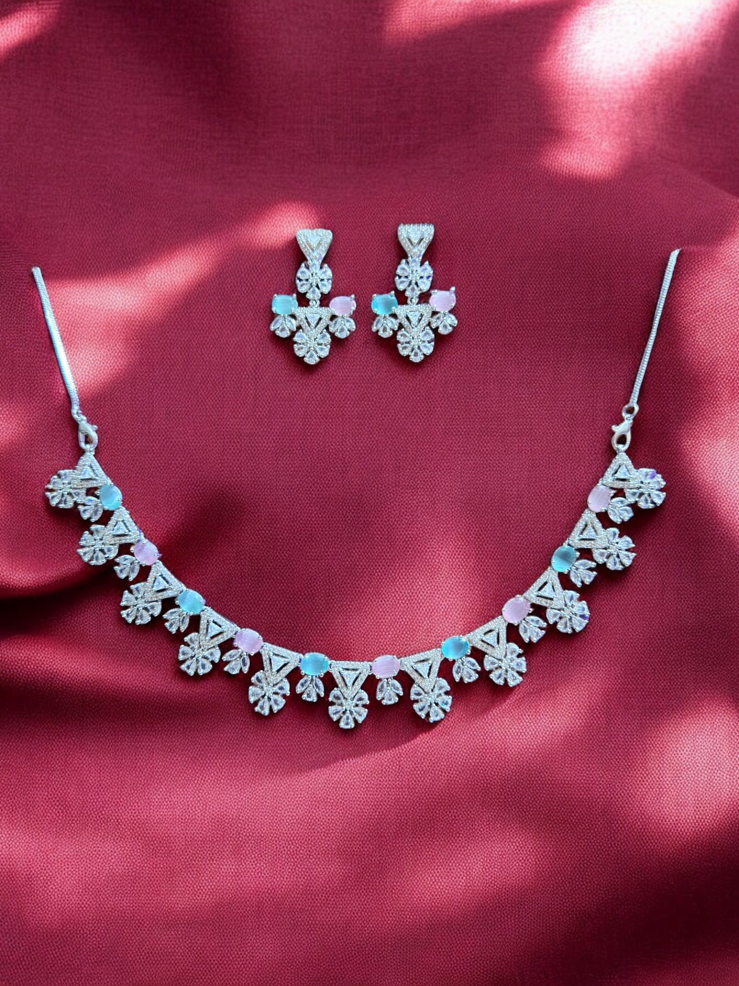 Classic Silver Multicolour Stone Studded Necklace