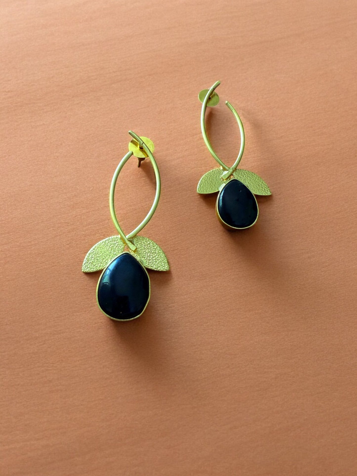 Midnight Black Teardrop Leaf Hoops