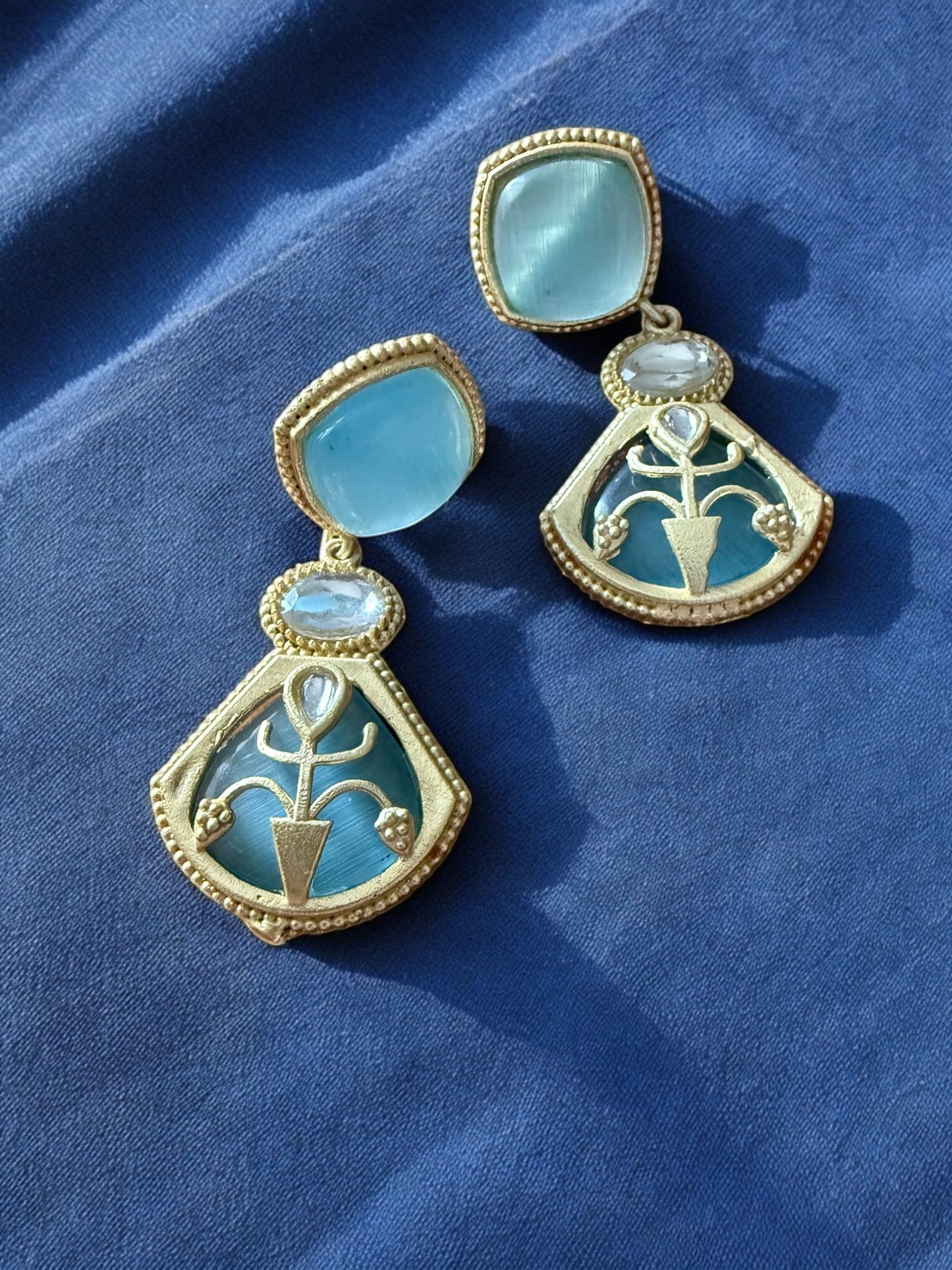 Regal Blue Drop Earrings with Moonstone and Onyx Accents