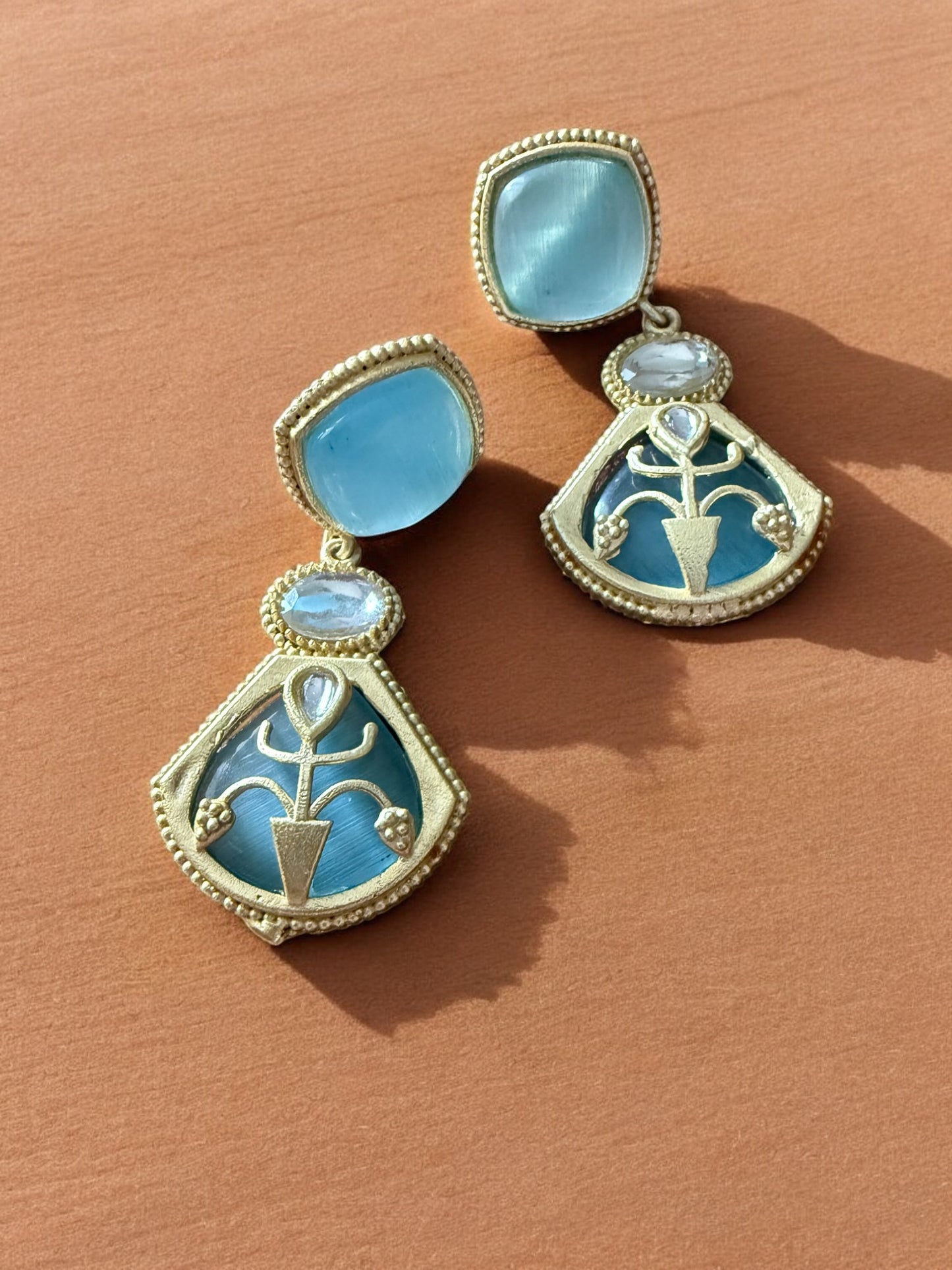 Regal Blue Drop Earrings with Moonstone and Onyx Accents