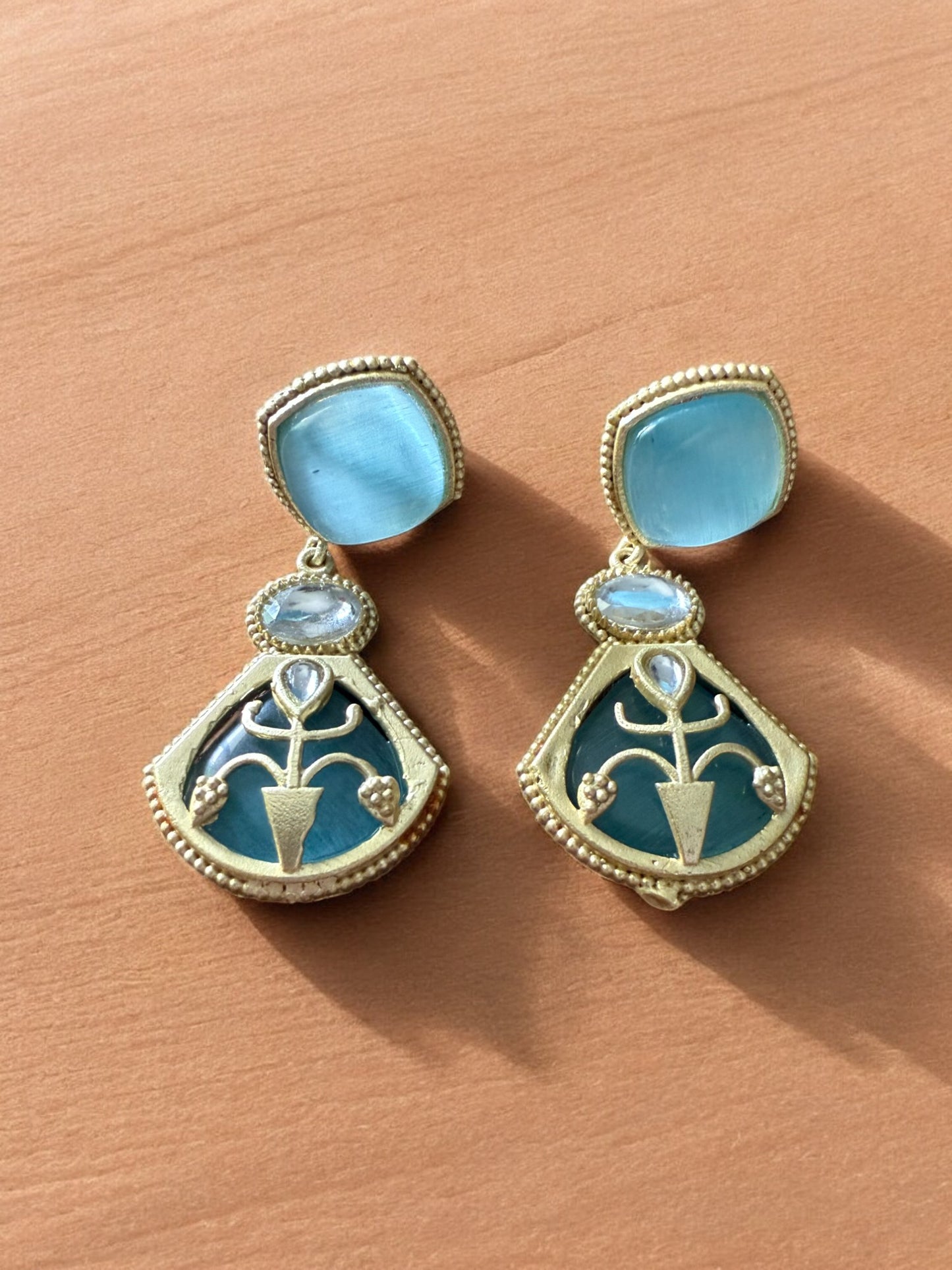 Regal Blue Drop Earrings with Moonstone and Onyx Accents
