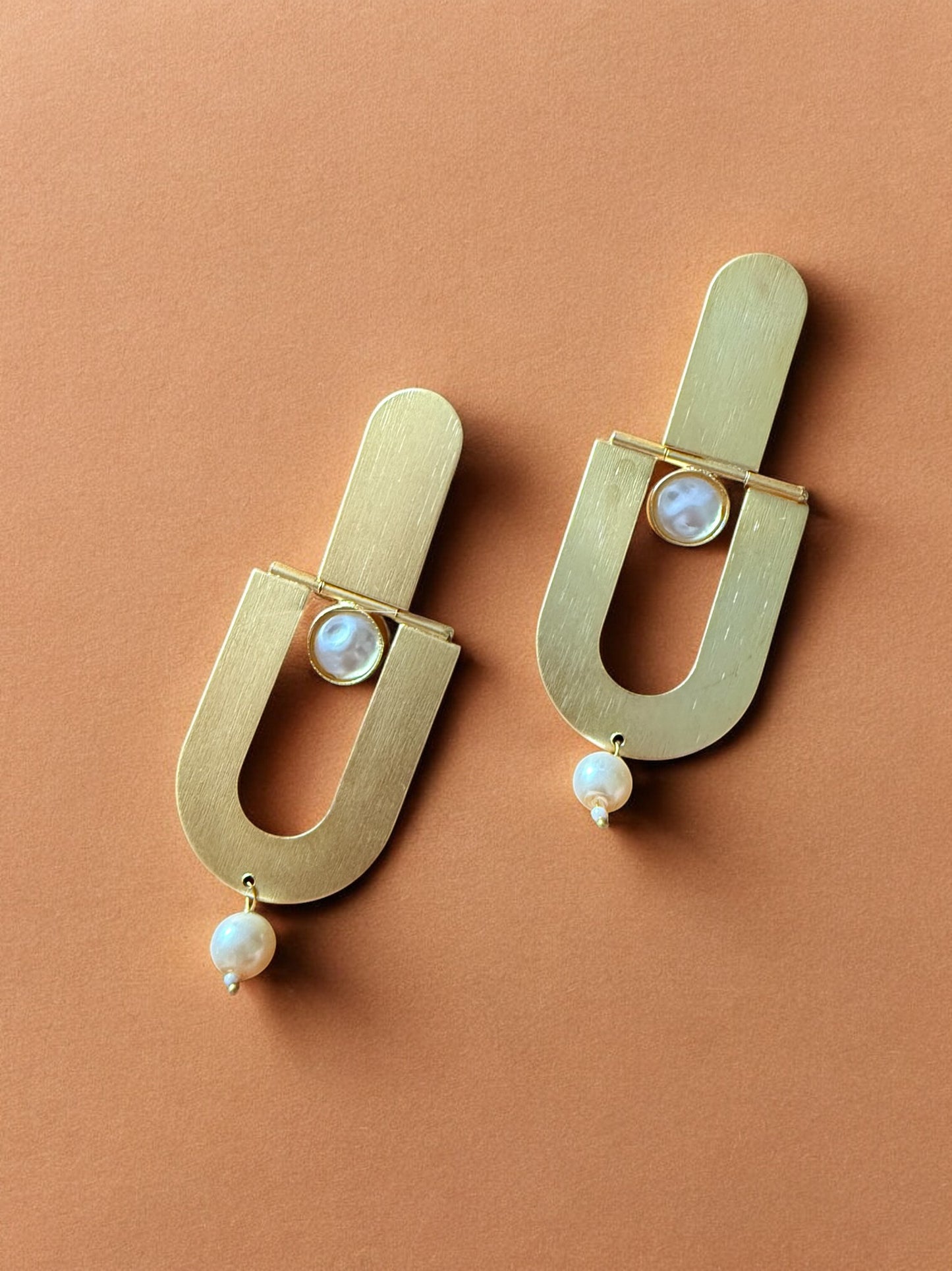 Handcrafted Contemporary Gold and Pearl Drop Earrings