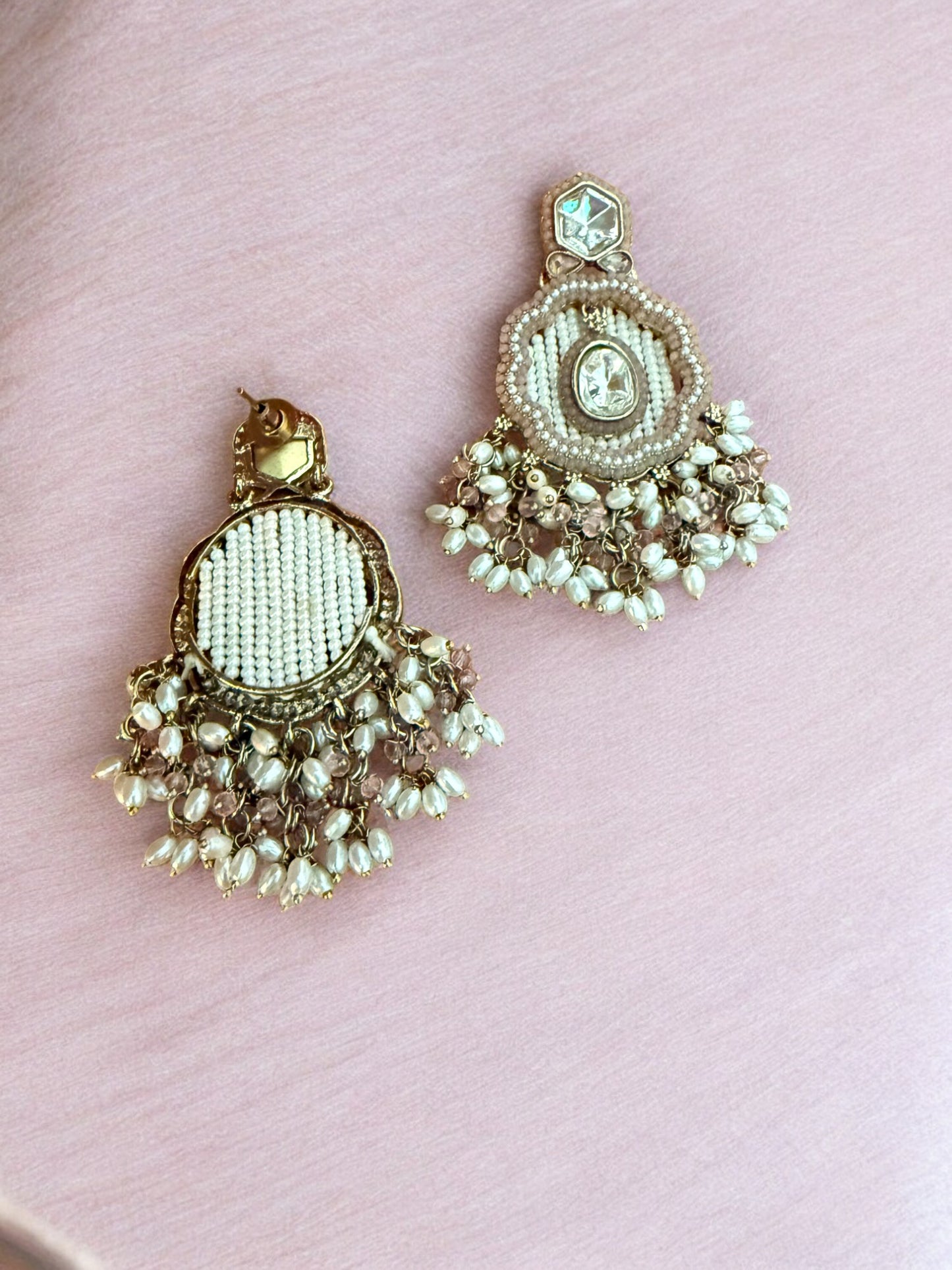 Dusty Rose Dangling Kundan Earrings with Intricate Beadwork & Pearl Detailing