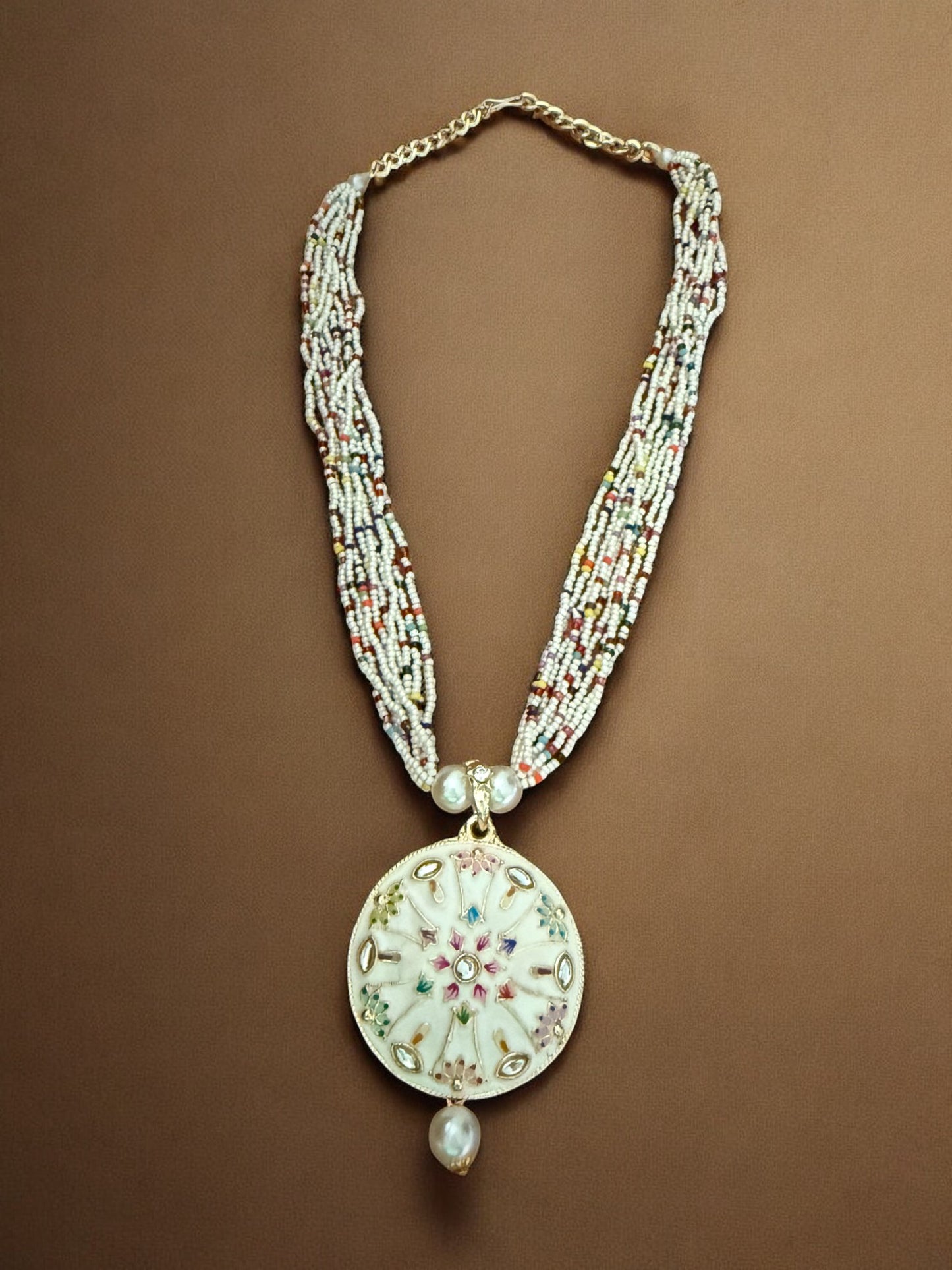 White Enameled Multicolor Beaded Necklace with Mandala Pendant and Pearl Drop Earrings