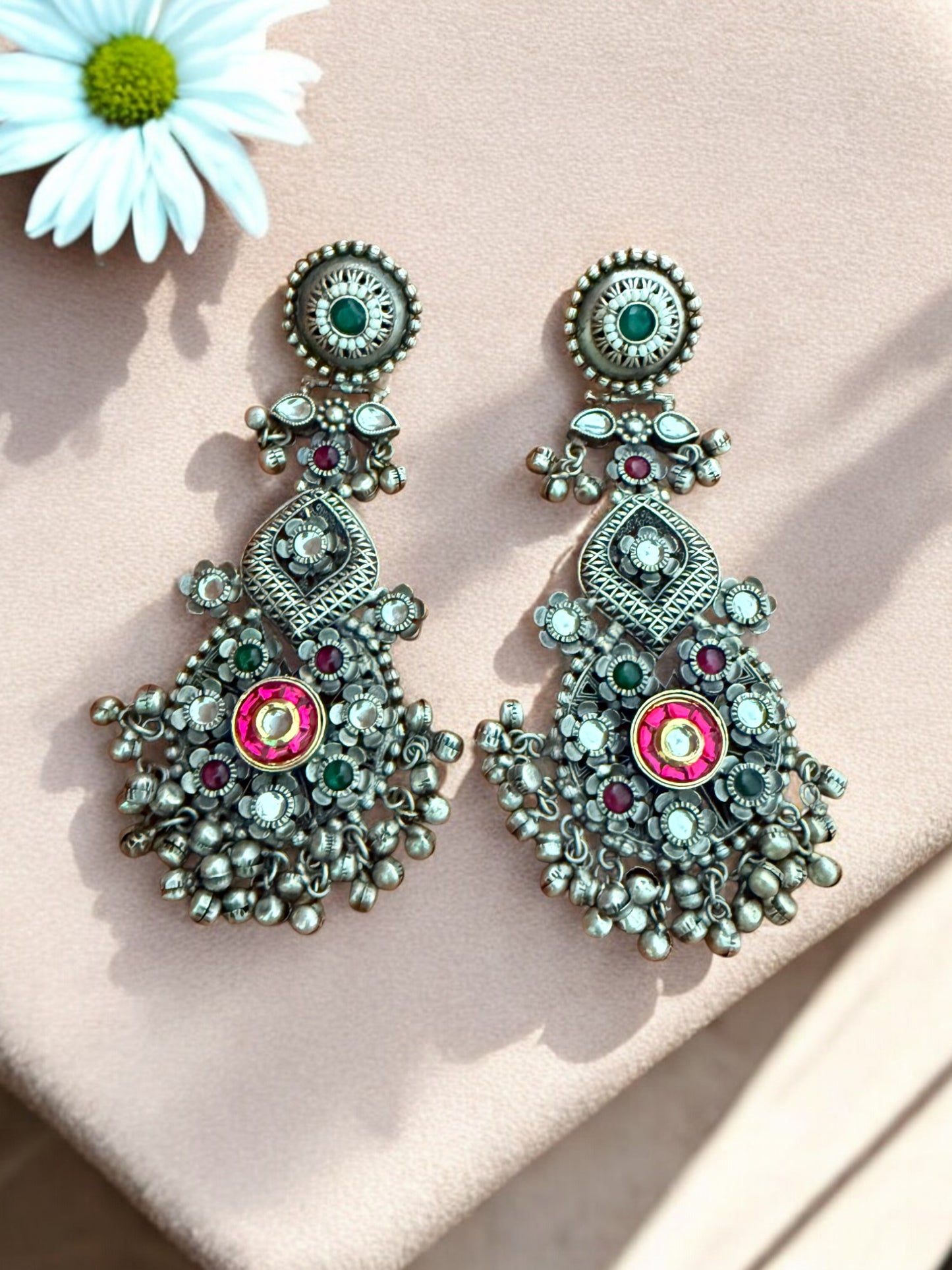 Oxidized Pink Afghani Dangler Earrings with Kundan work, Inticate florals and Ghungroo Accents