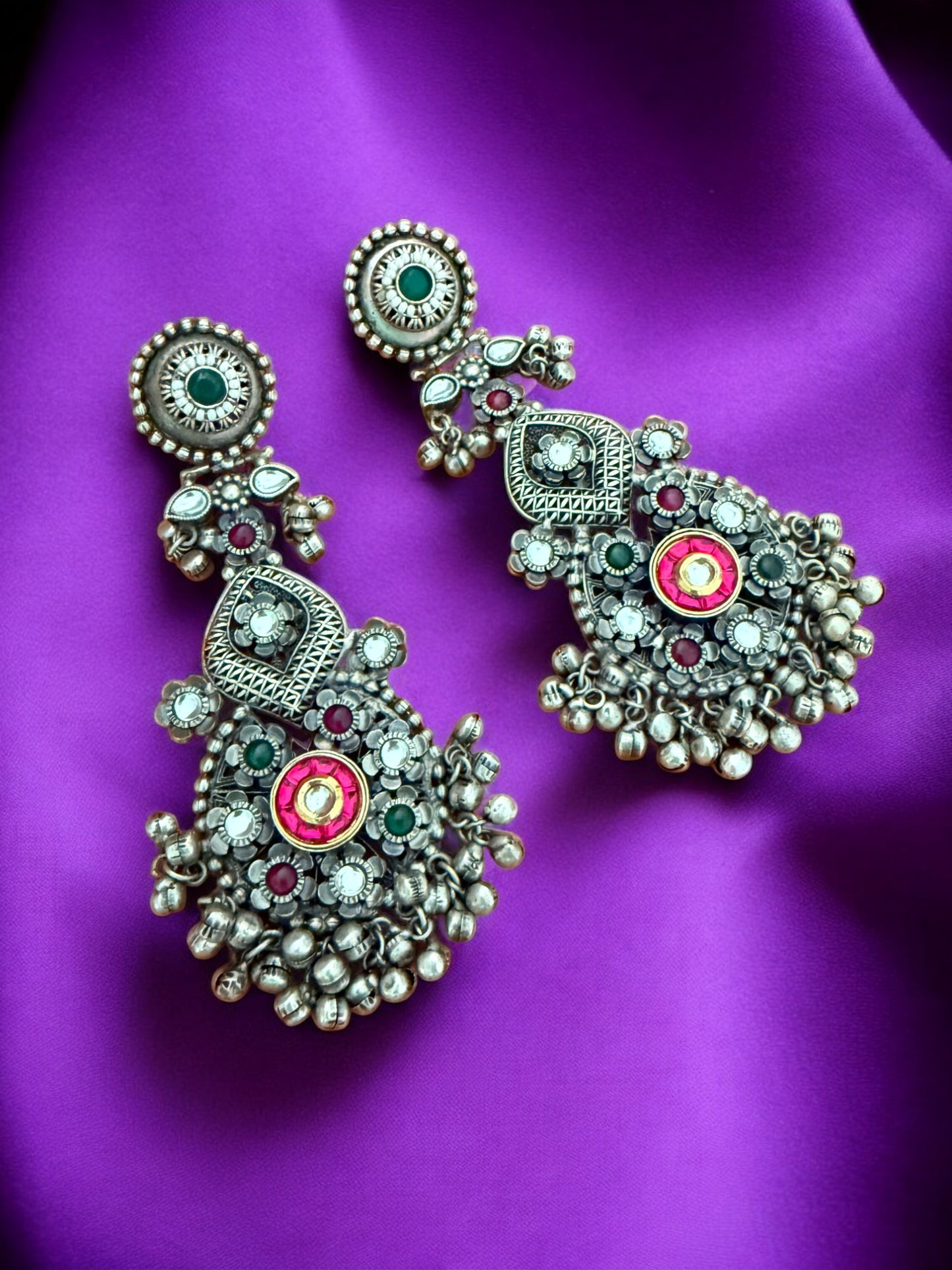 Oxidized Pink Afghani Dangler Earrings with Kundan work, Inticate florals and Ghungroo Accents