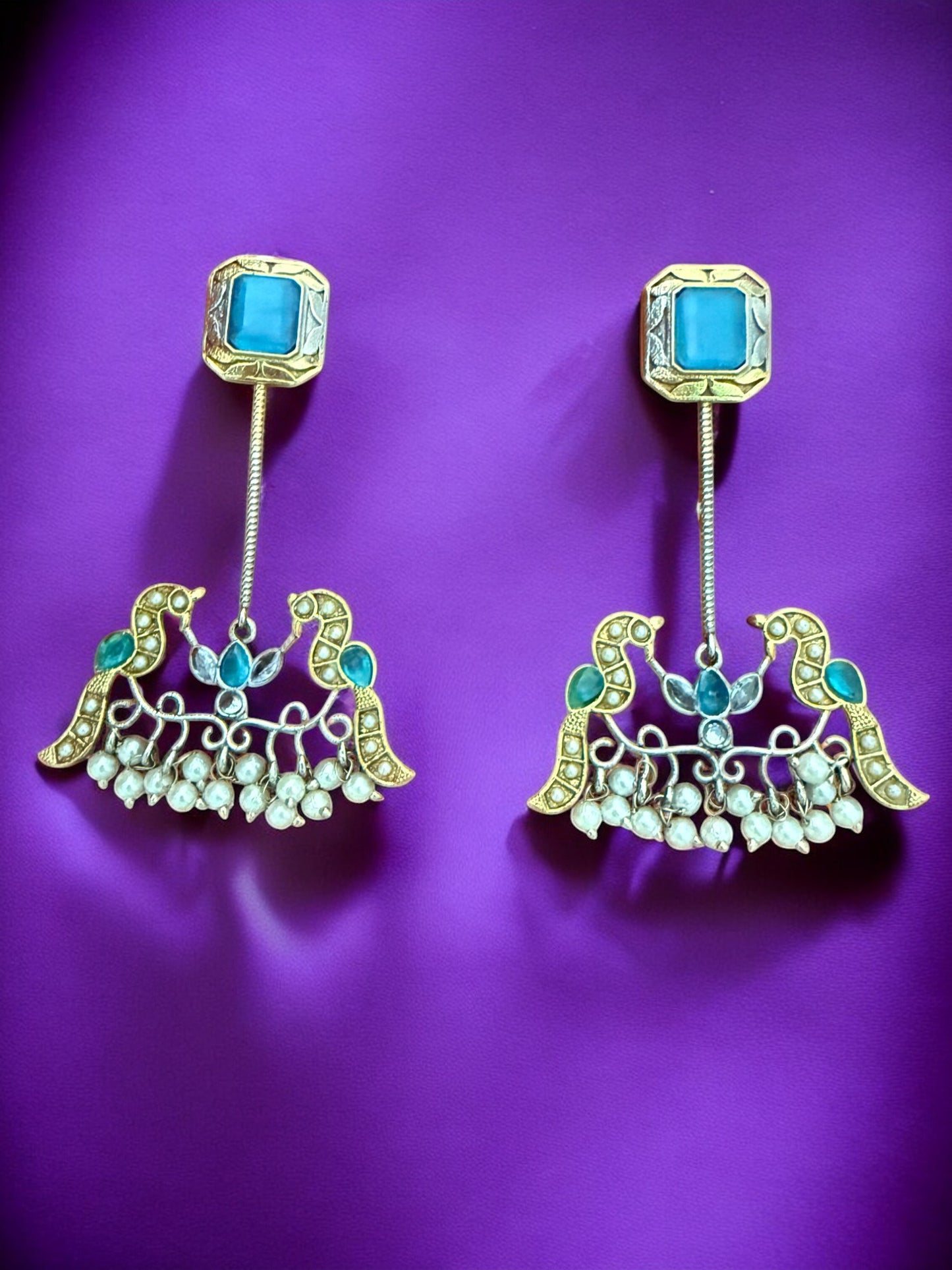 Antique Gold Silver Toned Earrings With Blue Stone Studs, Bird Motif And Pearl Bead Drops