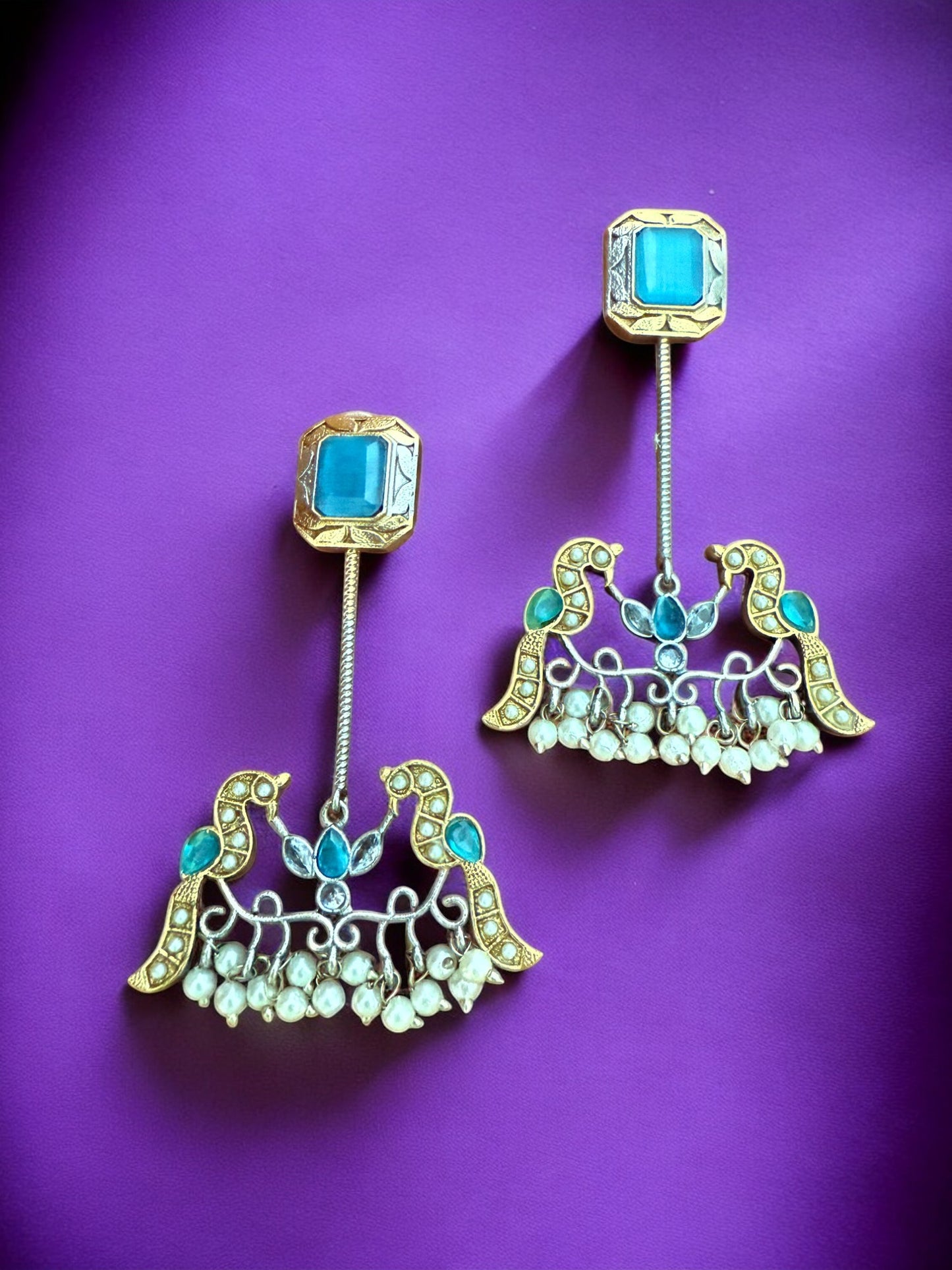 Antique Gold Silver Toned Earrings With Blue Stone Studs, Bird Motif And Pearl Bead Drops