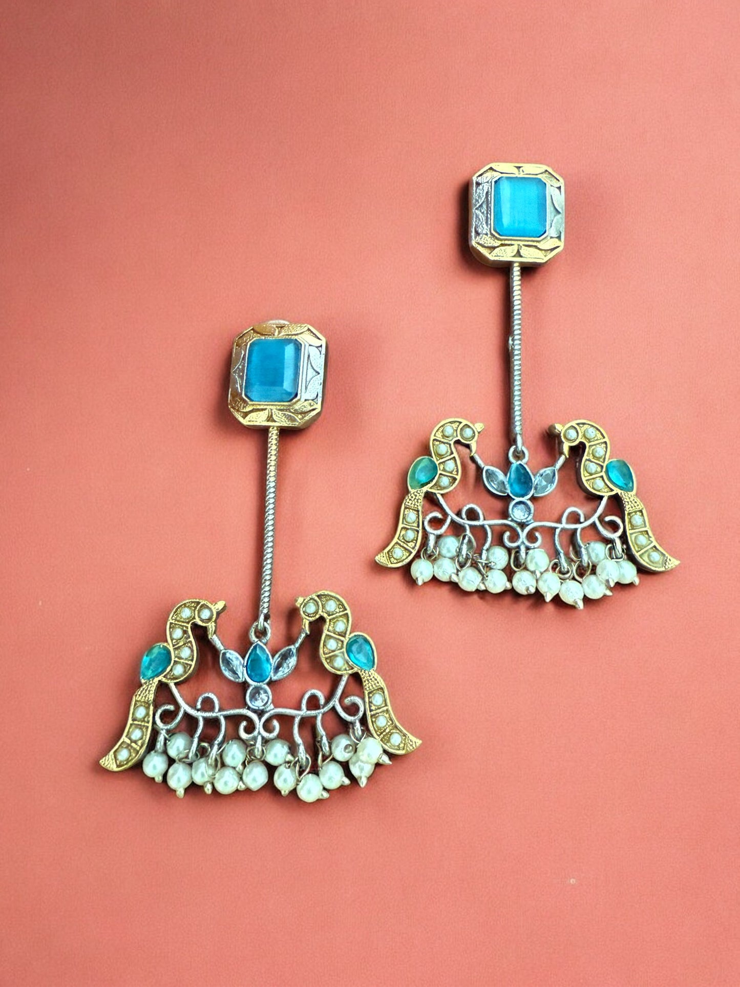 Antique Gold Silver Toned Earrings With Blue Stone Studs, Bird Motif And Pearl Bead Drops