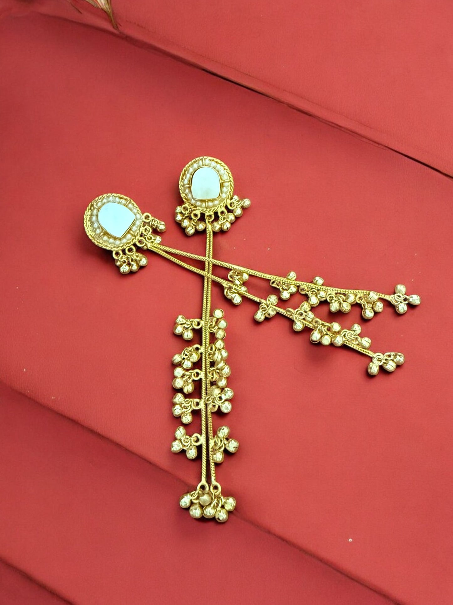 Gold Plated Long Drop Kashmiri Earrings With Mother Of Pearl Inlay And Clustered Ghungroo Detailing