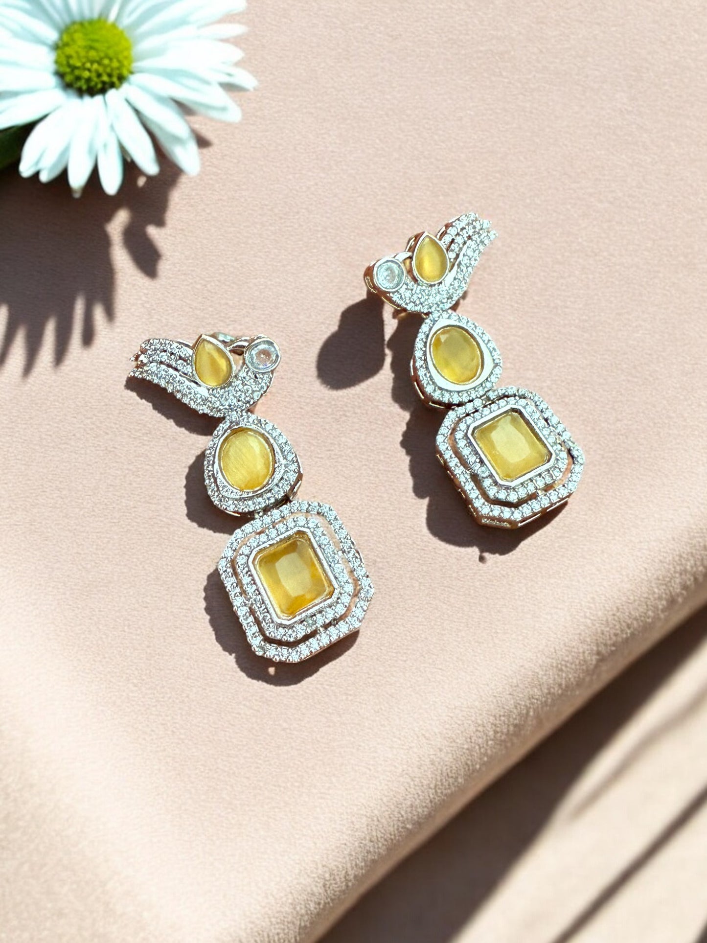 Silver Toned Cubic Zircon Earrings With Yellow Stones And Delicate Bird Motif Detailing