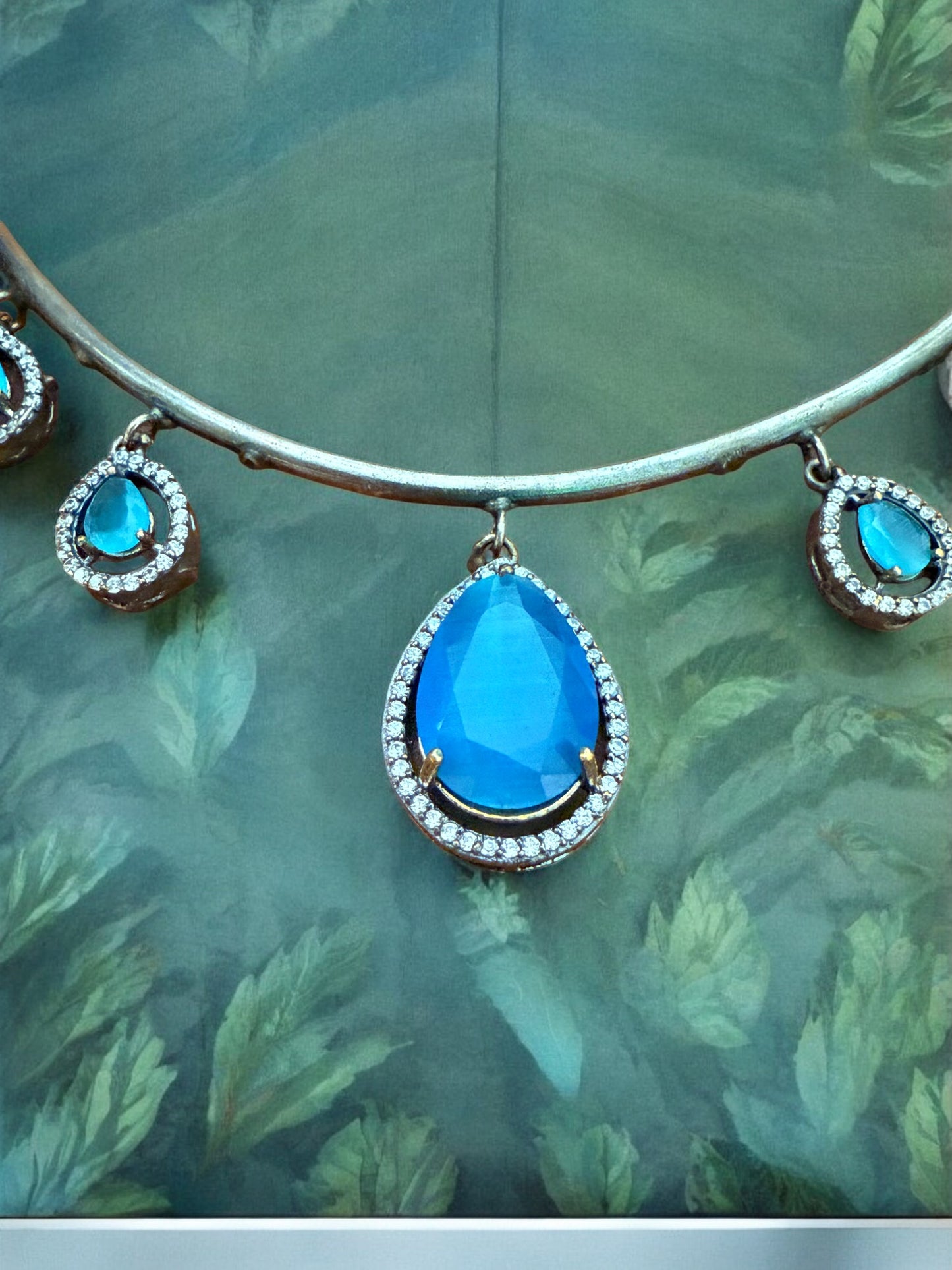 Antique Silver Finish Turquoise Blue Teardrop Hasli Set with Stud Earrings