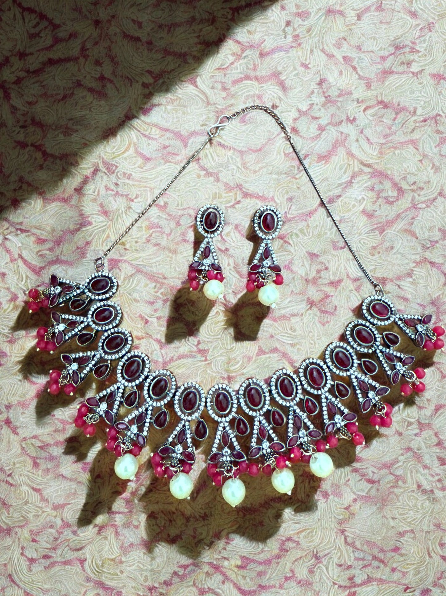 Maroon Oval and Teardrop Stone Necklace Set with Pink Beads and Pearl Drops