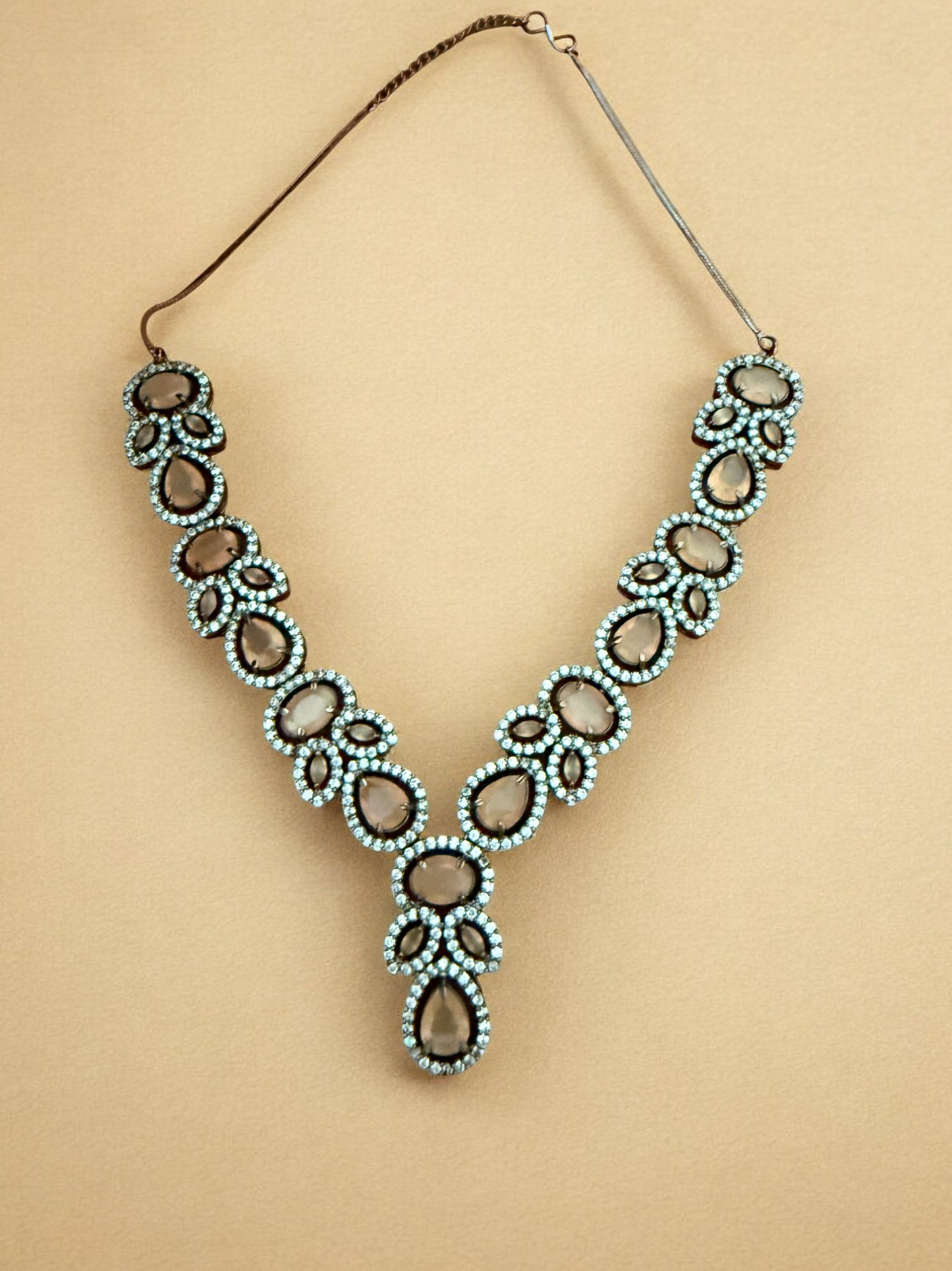 Peach Silver-Tone Necklace Set with Teardrop & Oval Crystal Stones and American Diamonds