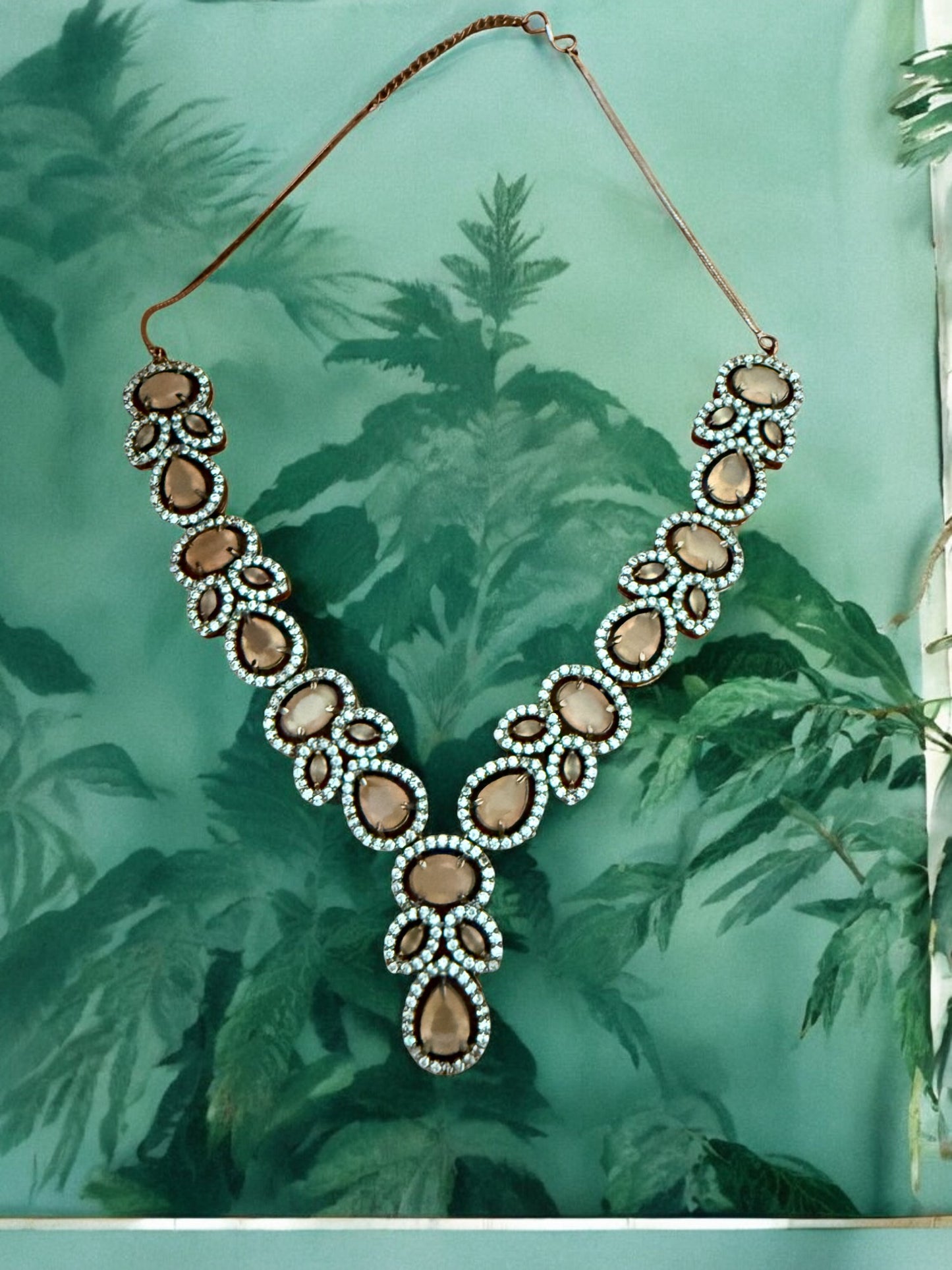 Peach Silver-Tone Necklace Set with Teardrop & Oval Crystal Stones and American Diamonds