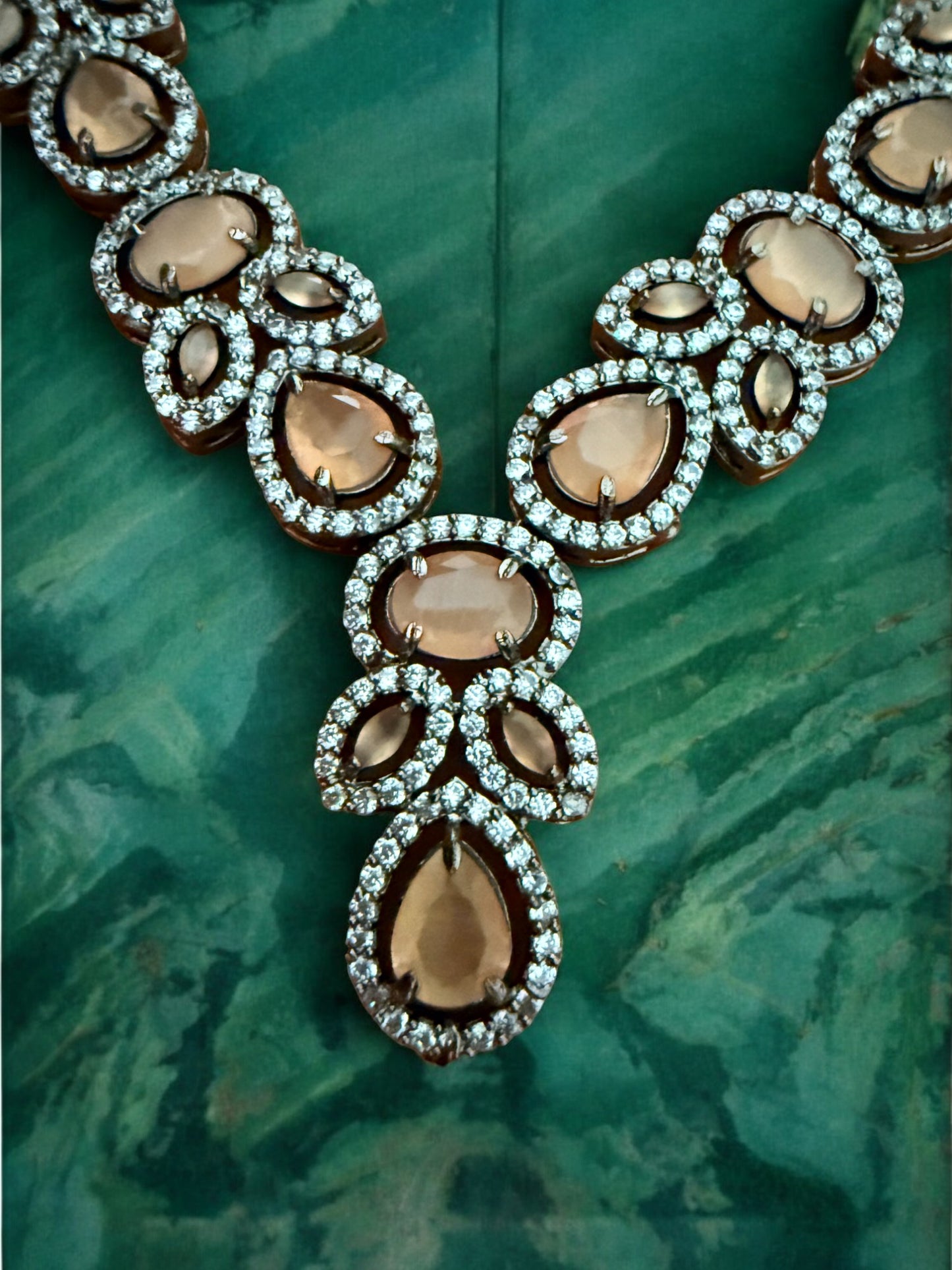 Peach Silver-Tone Necklace Set with Teardrop & Oval Crystal Stones and American Diamonds