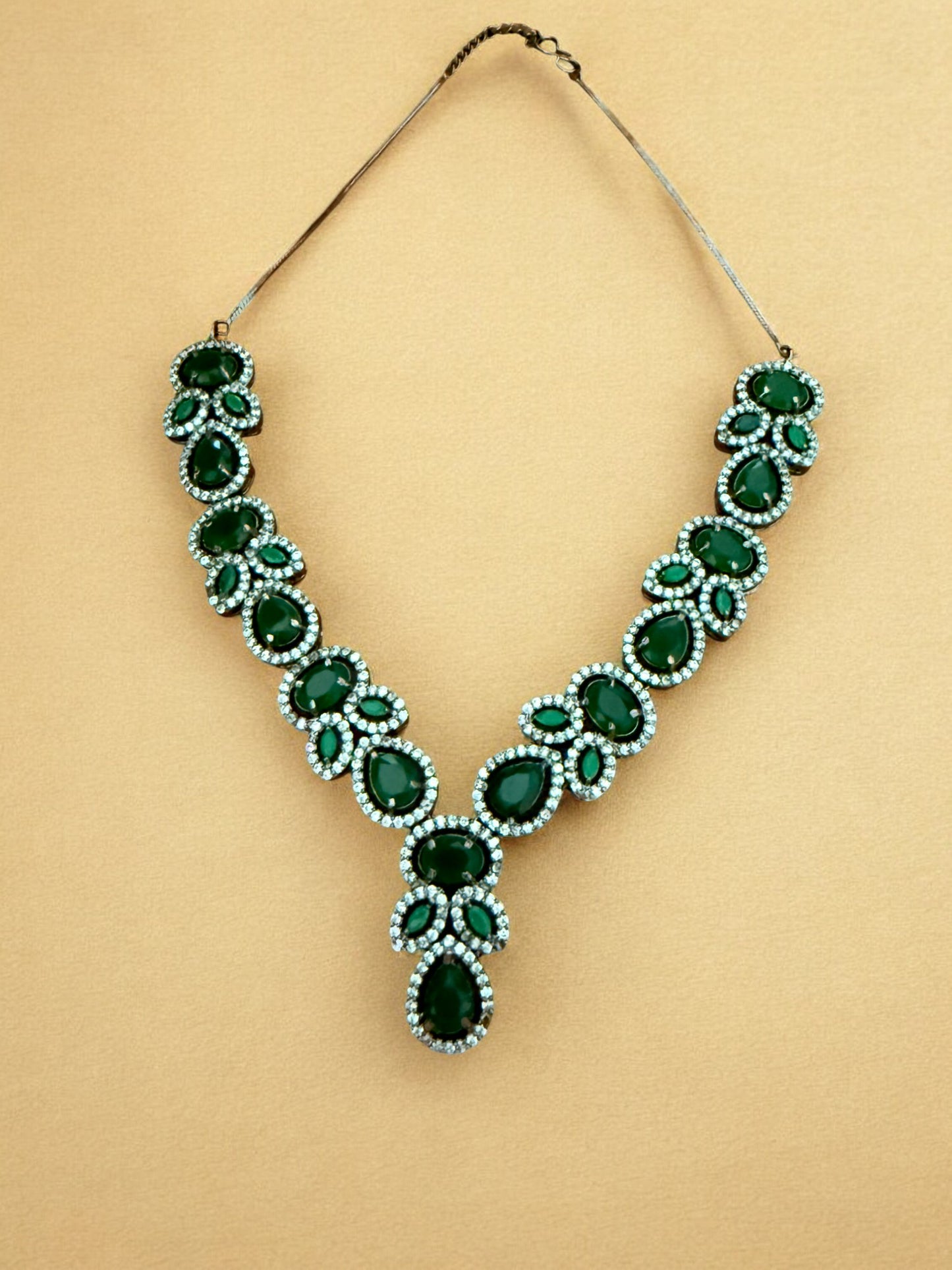 Green Silver-Tone Necklace Set with Teardrop & Oval Crystal Stones and American Diamonds