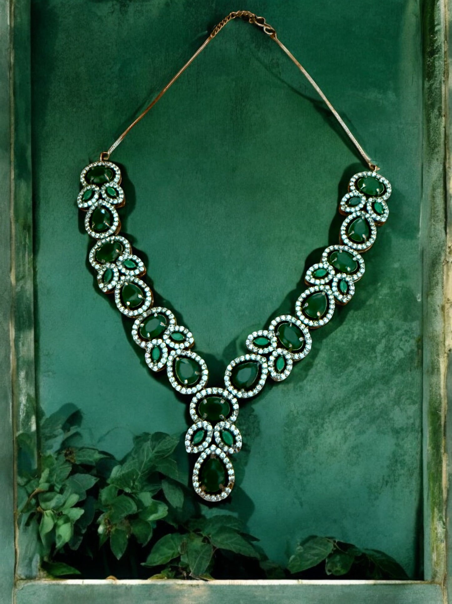 Green Silver-Tone Necklace Set with Teardrop & Oval Crystal Stones and American Diamonds