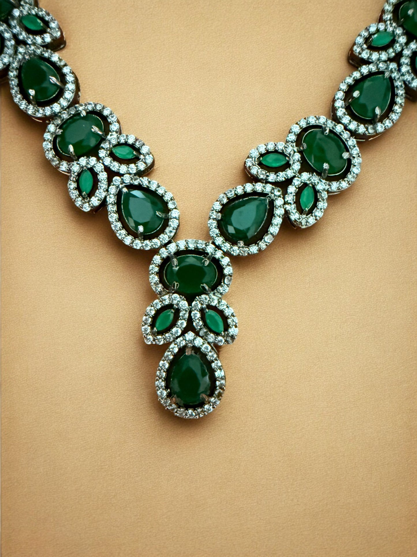 Green Silver-Tone Necklace Set with Teardrop & Oval Crystal Stones and American Diamonds