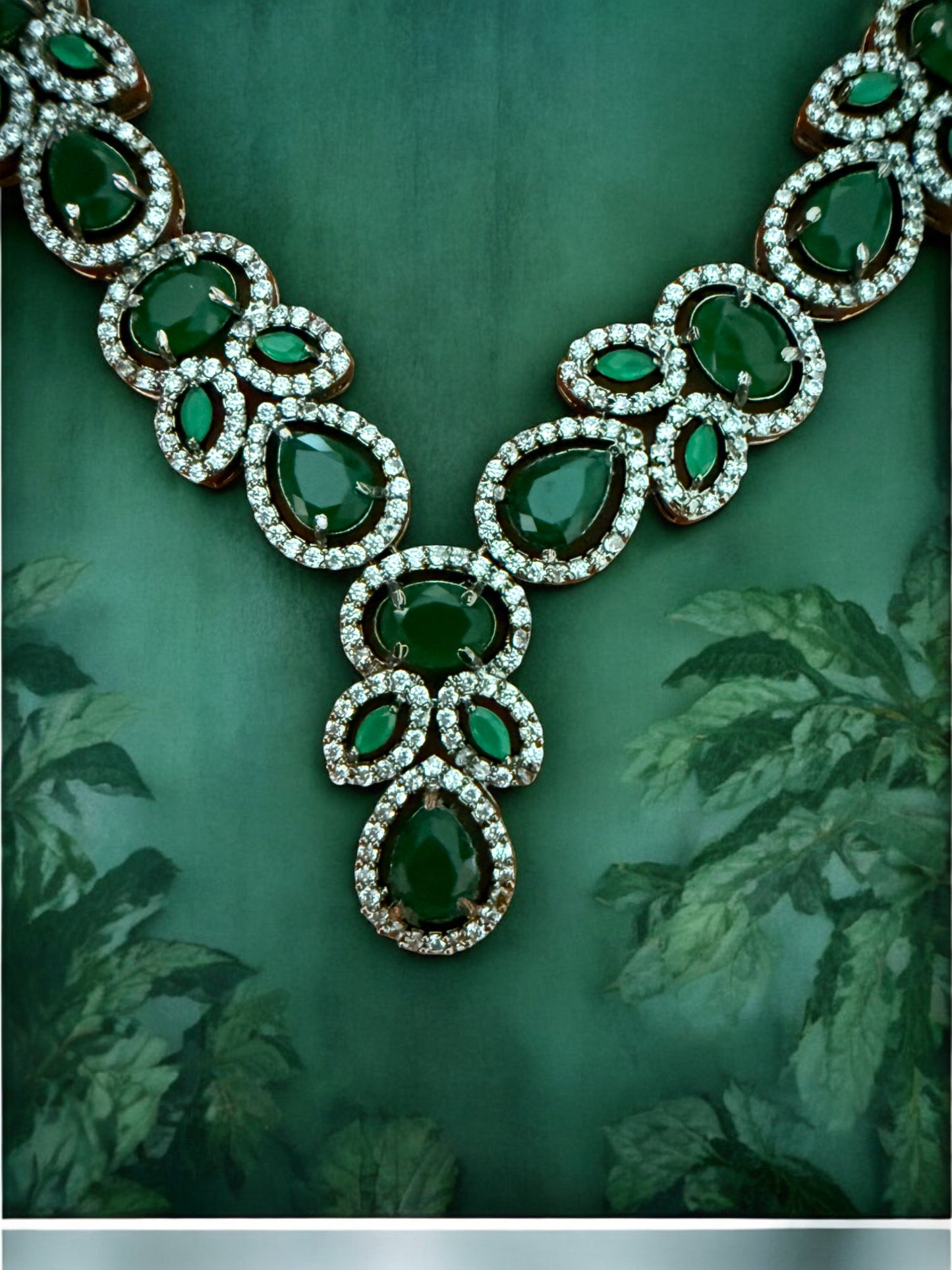 Green Silver-Tone Necklace Set with Teardrop & Oval Crystal Stones and American Diamonds