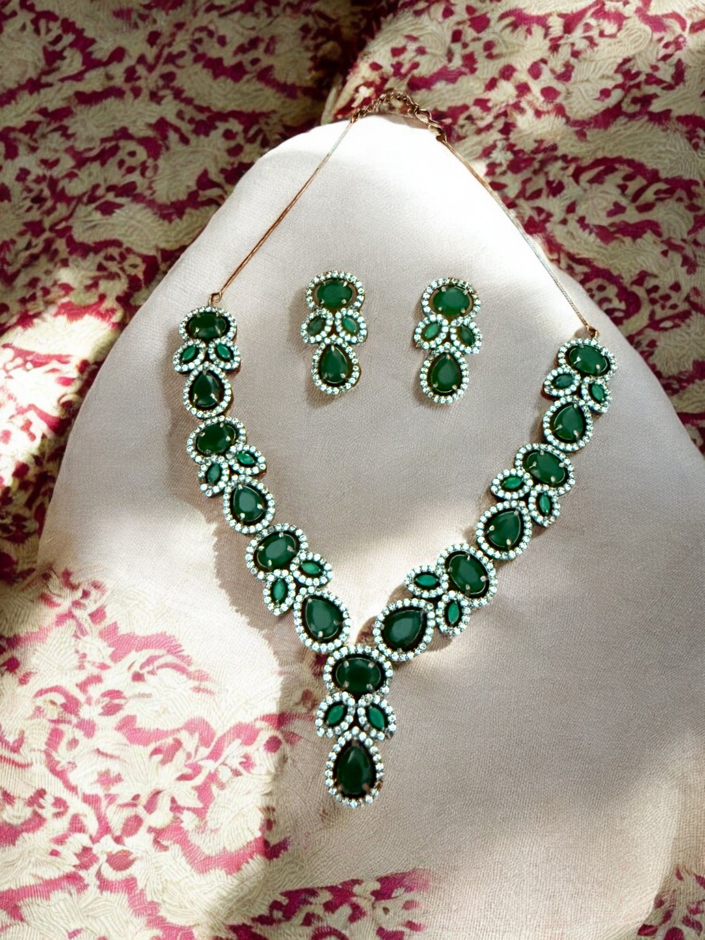 Green Silver-Tone Necklace Set with Teardrop & Oval Crystal Stones and American Diamonds