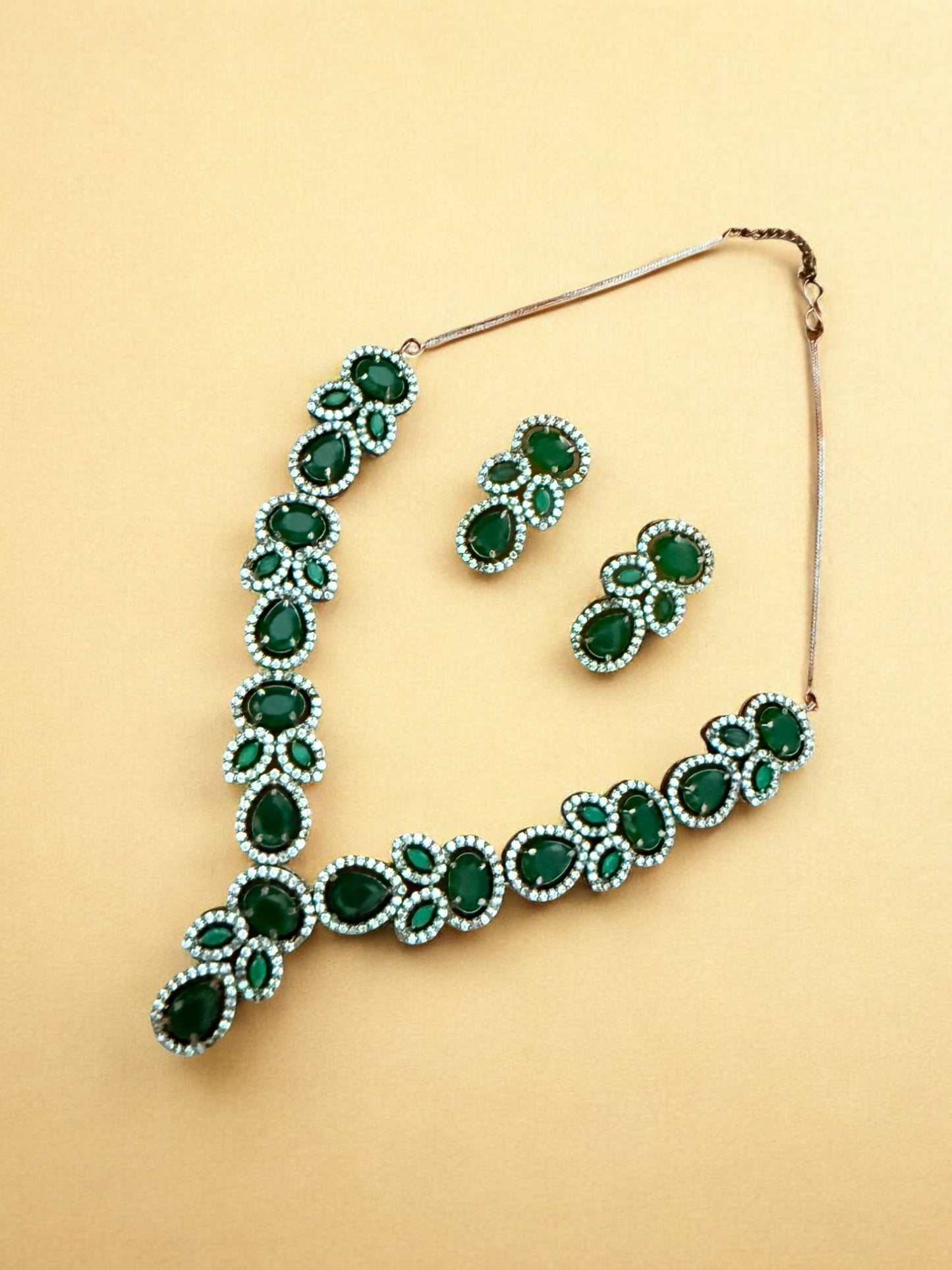 Green Silver-Tone Necklace Set with Teardrop & Oval Crystal Stones and American Diamonds