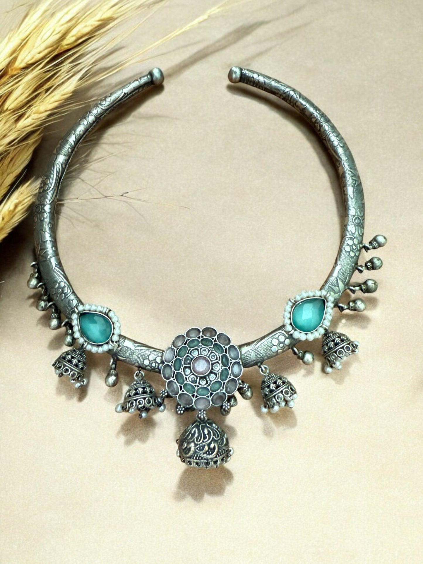 Oxidized Silver Tribal Hasli Set with Aqua Stones & Ghungroo Charms