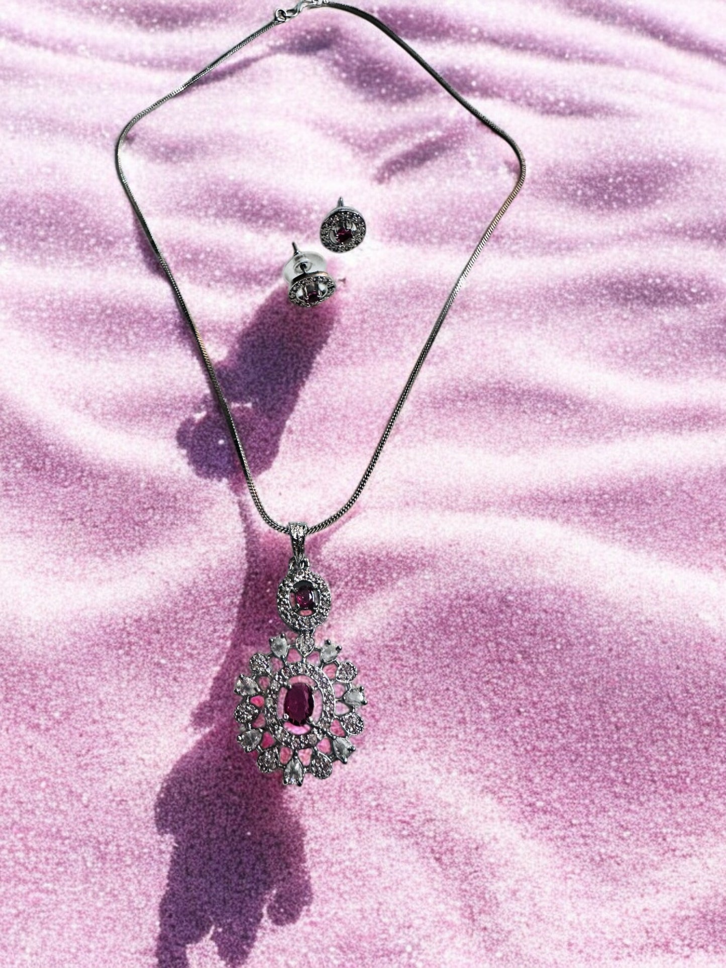 Rhodium Plated Oval Shape Pendant Set