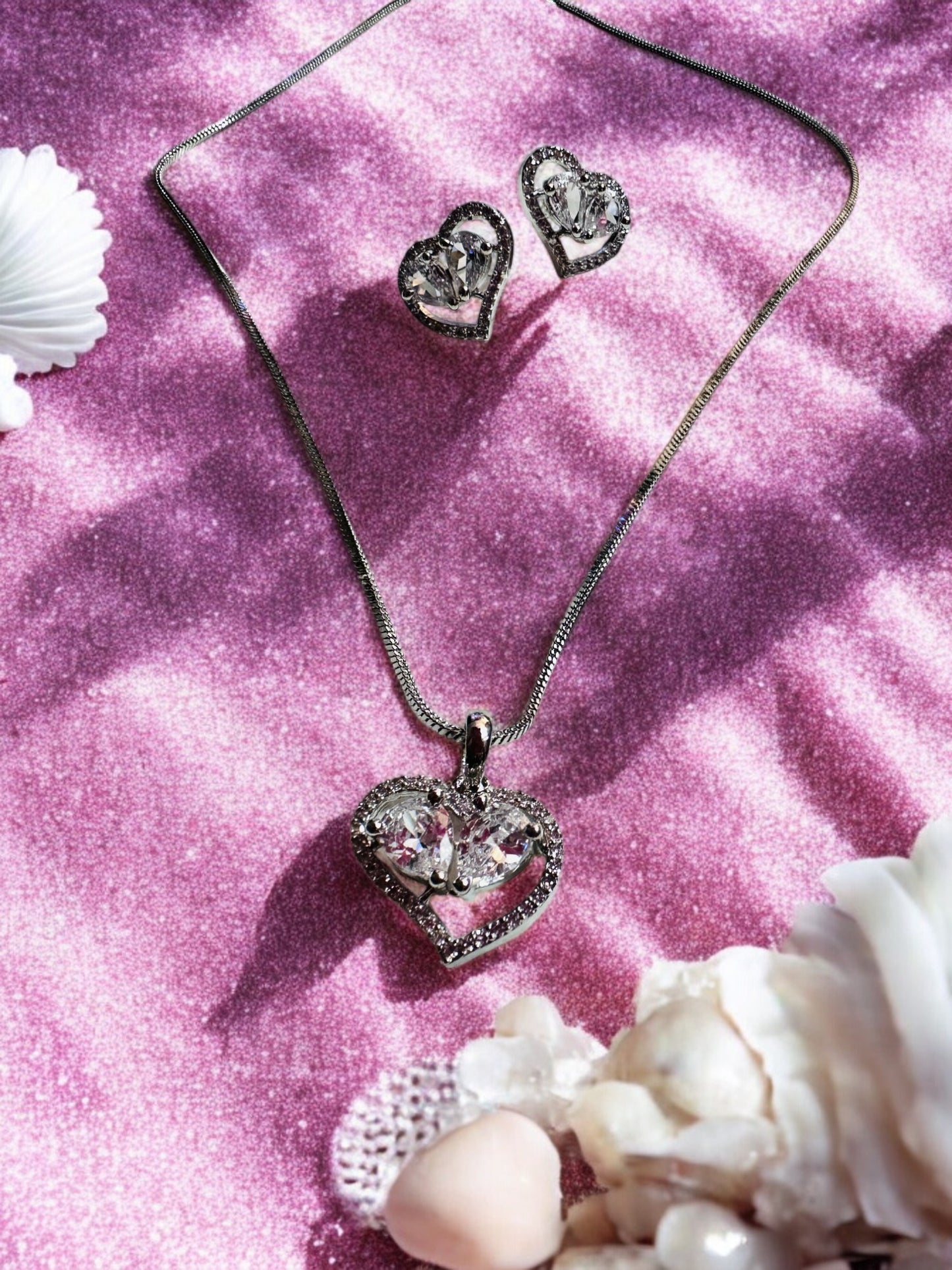 Rhodium Plated Heart Shaped Pendant Set