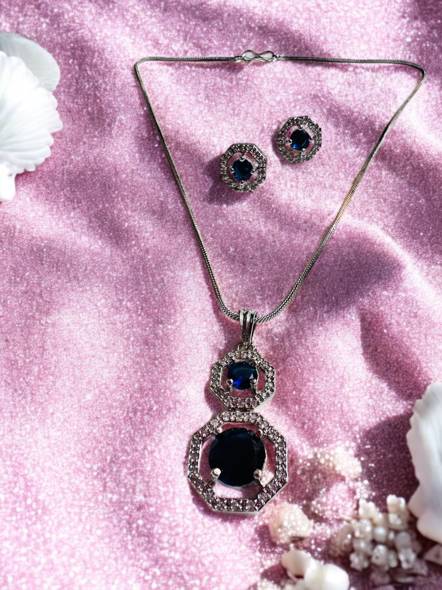 Rhodium Plated Octagonal Cut Pendant Set