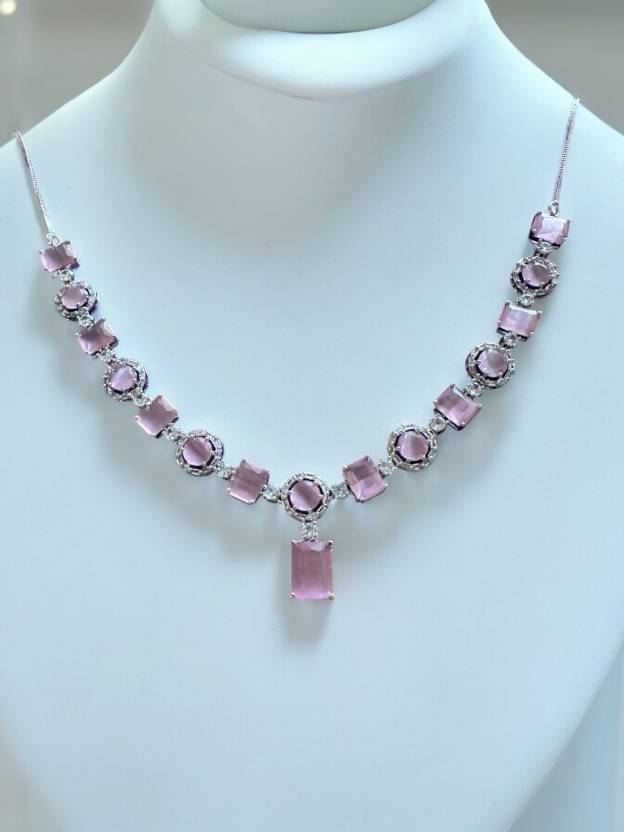 Light Pink Stone Studded Necklace with Earring