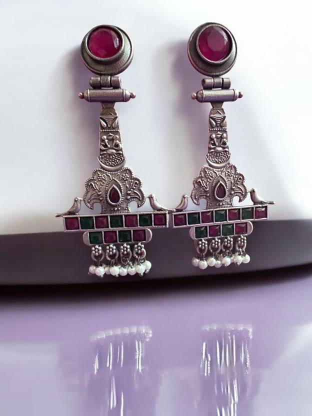 German Silver Oxidised Multicolour Earring Alloy Drops & Danglers