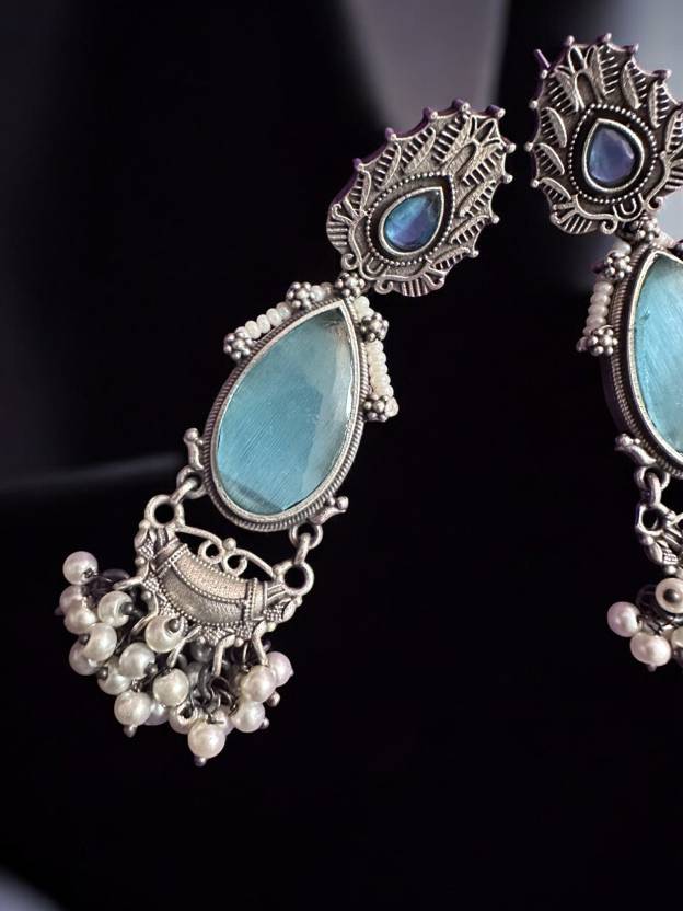 Silver Oxidised Moon Blue Stone Studded Earring Alloy Drops & Danglers