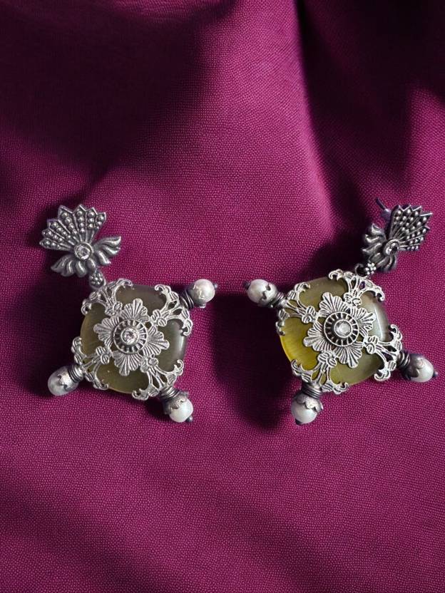 German Silver Yellow Monalisa Stone Studded Earring Alloy Drops & Danglers