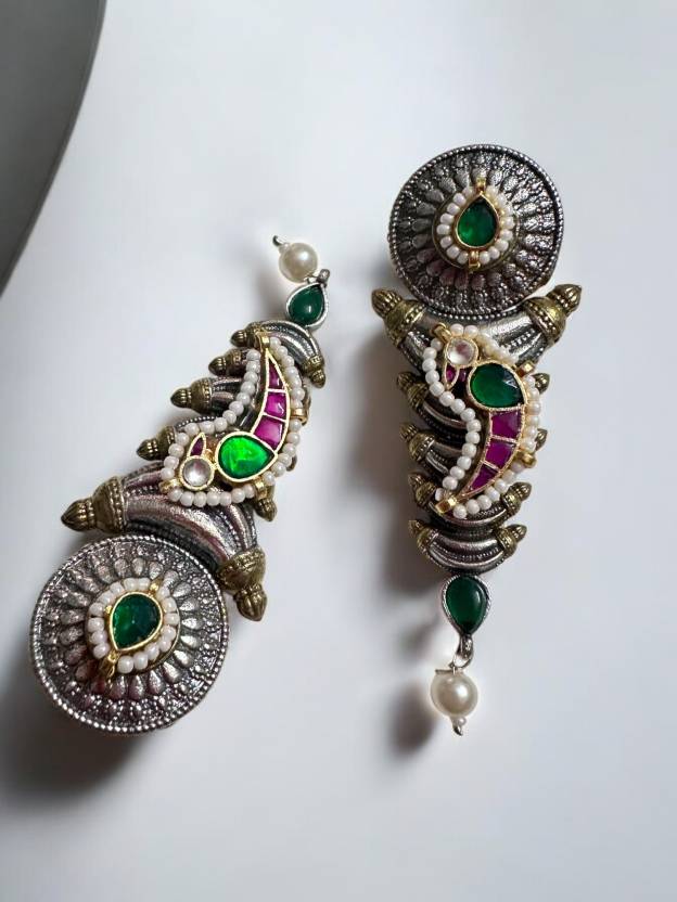 Jadau Pachi Kundan Uniqe Long Earrings Alloy Drops & Danglers