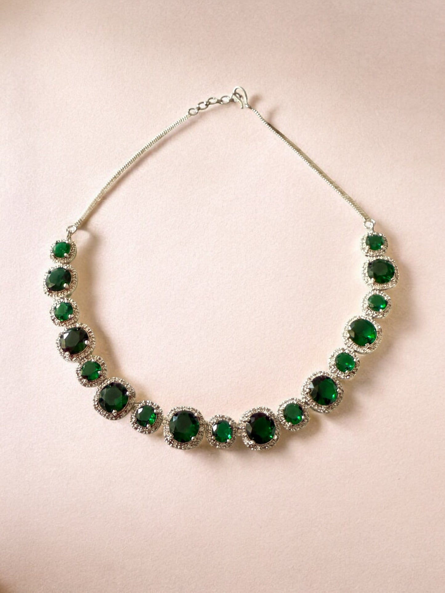 Rhodium Plated Green Large Small Stone Studded Necklace Set